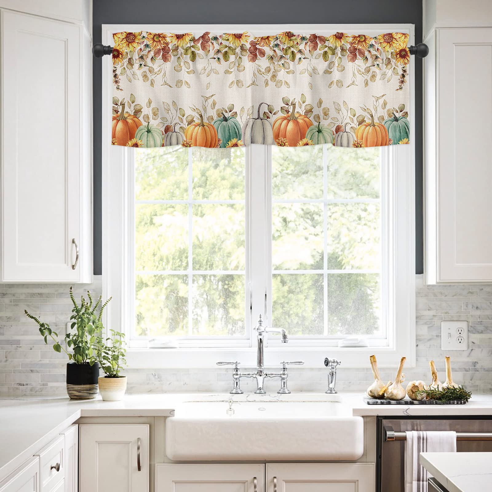 Fall Eucalyptus Leaves Window Valance - Blue Grey Pumpkin Farmhouse Curtain for Living Room, Kitchen & Bathroom - Thanksgiving Sunflower Floral Short Rod Pocket Window Treatment (54x18) - Perfect for Autumn Decor, Seasonal Home Styling and Holiday Gatherings