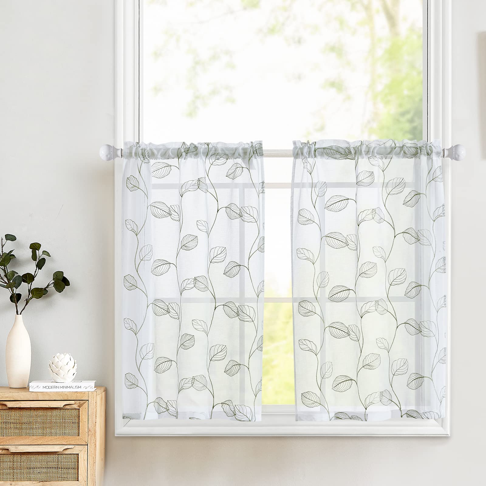 White Sage Green Leaf Embroidered Semi-Sheer Cafe Curtains - 45 Inch Rod Pocket, 2 Panels for RV, Camper & Half Windows | Boho Kitchen, Living Room & Bedroom Decor