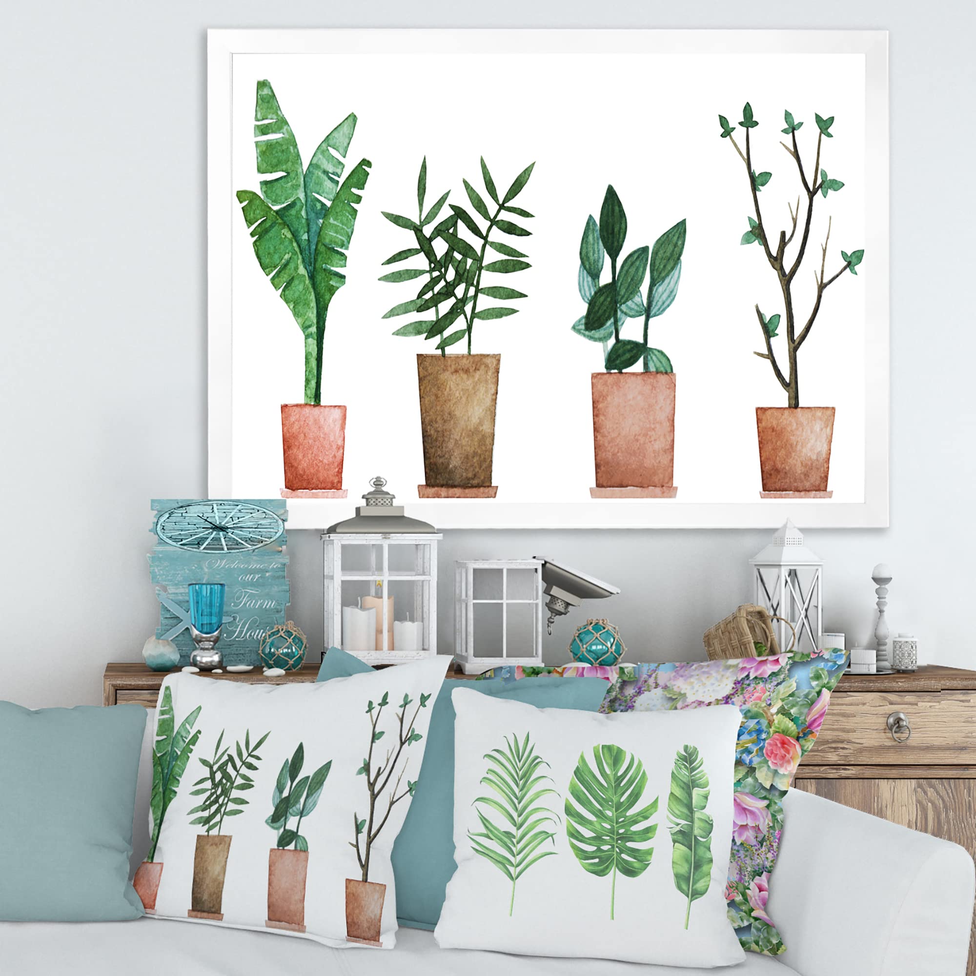 DesignQ Duo of Potted Flowers House Plants - Farmhouse Style Framed Wall Art Decor for Living Room, Bedroom & Office