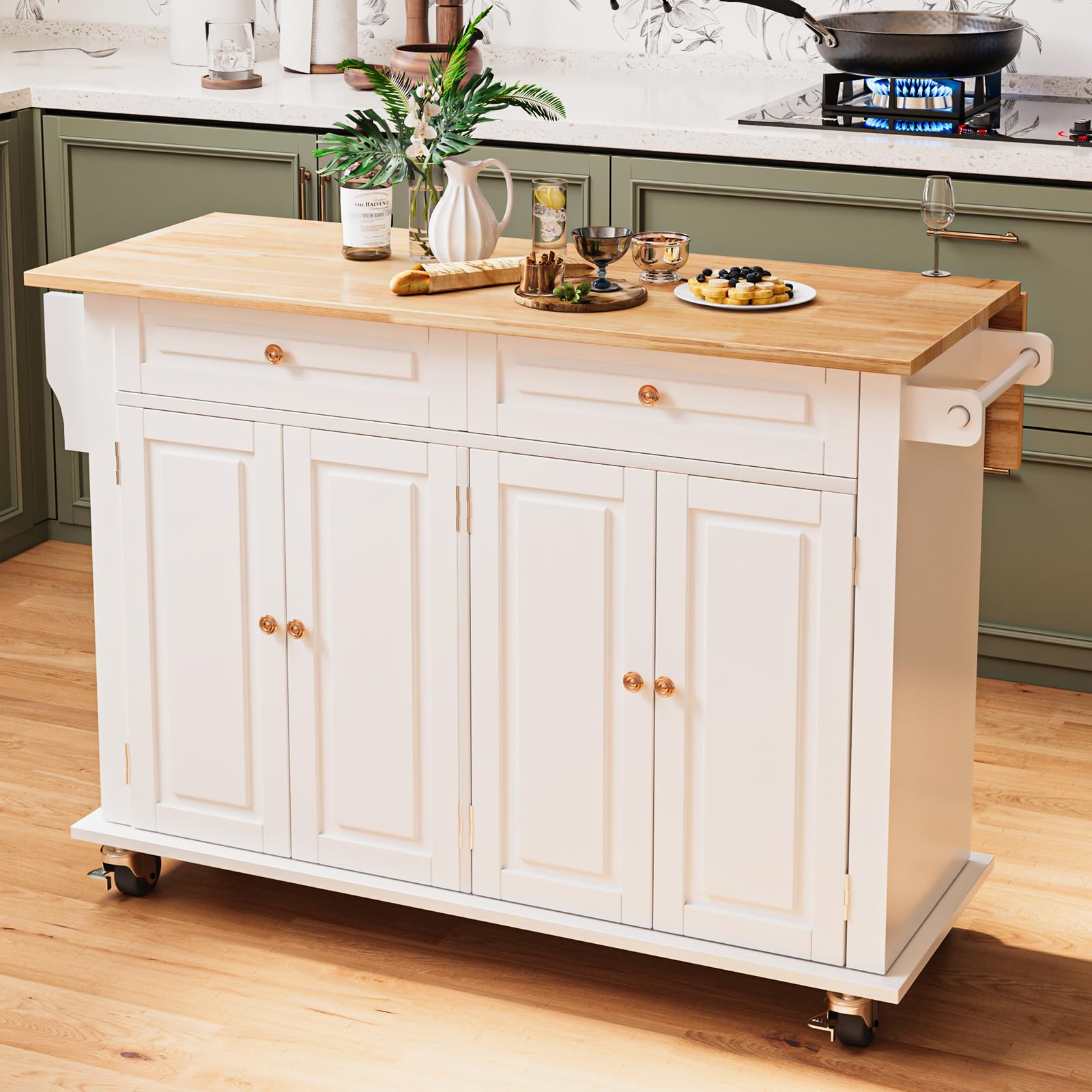 White Rolling Kitchen Island with Drop Leaf - Mobile Kitchen Cart with Storage, Towel Rack & Drawers - Perfect for Small Kitchens, Dining Rooms & Food Prep Areas