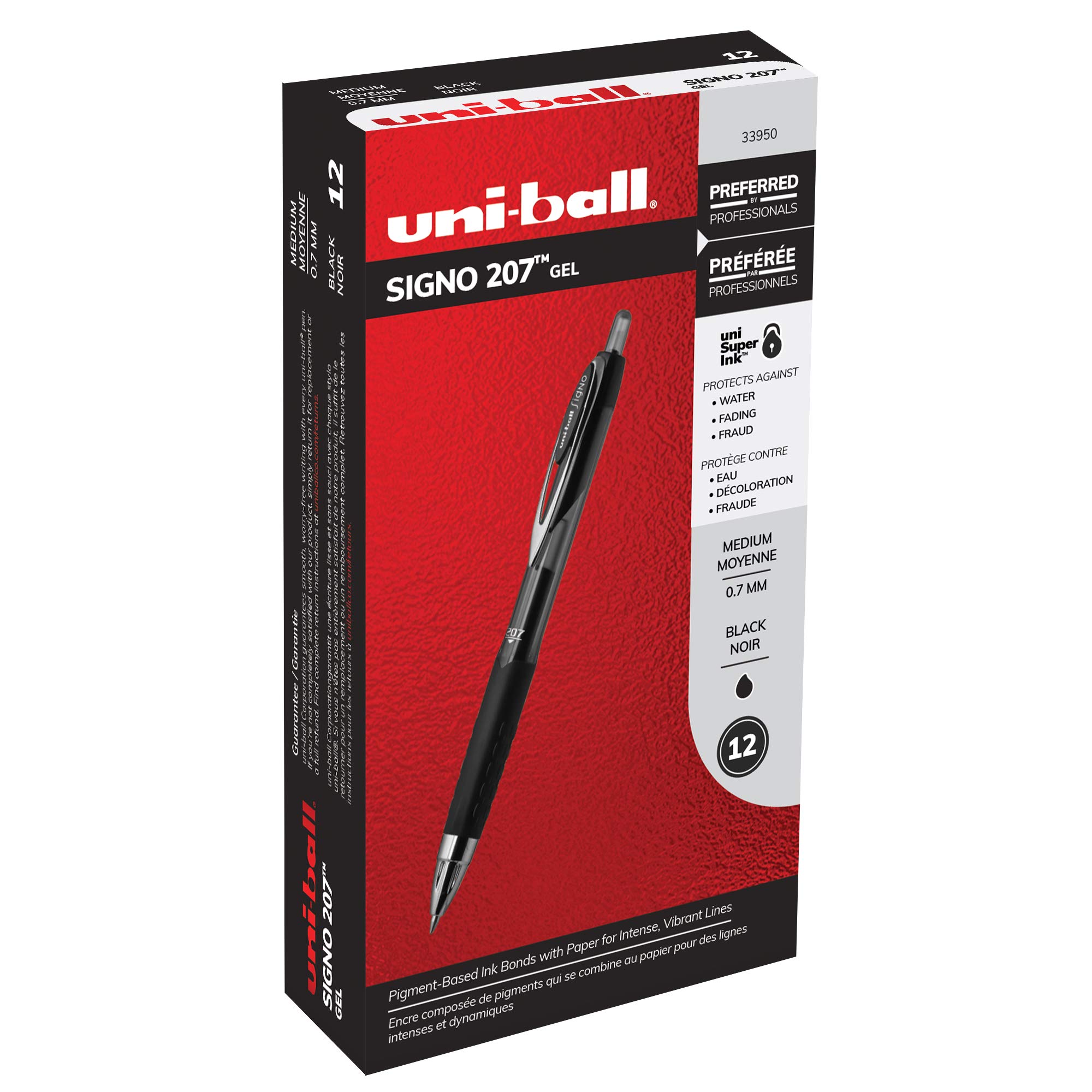 Uni-Ball 207 Signo Click Retractable Gel Pens - 12 Pack Medium Point, Black Ink - Fraud-Proof Office, Nursing, Business, School & Bible Pens - Ideal for Signing Documents, Note-Taking & Everyday Writing