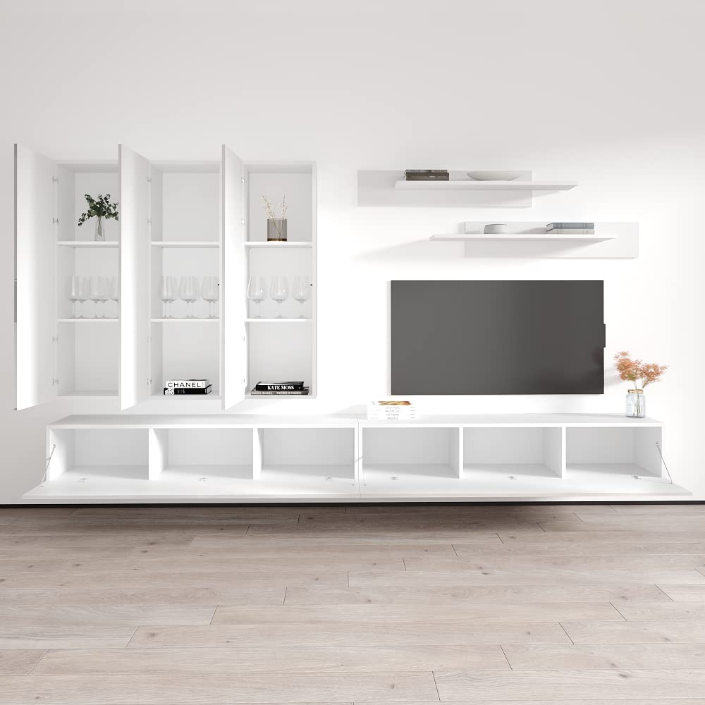 Modern White Wall-Mounted TV Stand with Storage Shelves & LED Lights - E1 30TV Floating Entertainment Center for Bedroom & Living Room - Perfect for Small Spaces & Home Theater Setup