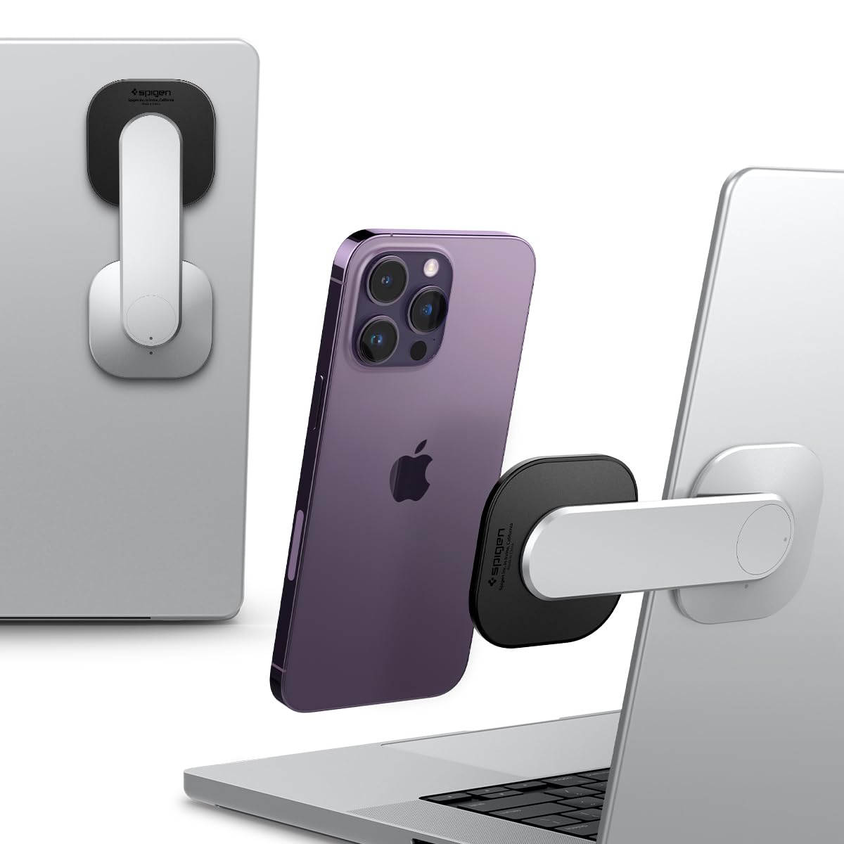 Spigen OneTap MagFit Magnetic Mount Stand for Laptops & Monitors - Compatible with iPhone 16/15/14/13/12 Series, AirPods Pro 2 & AirPods 3 (Silver) | Perfect for Home Office, Car & Travel Use