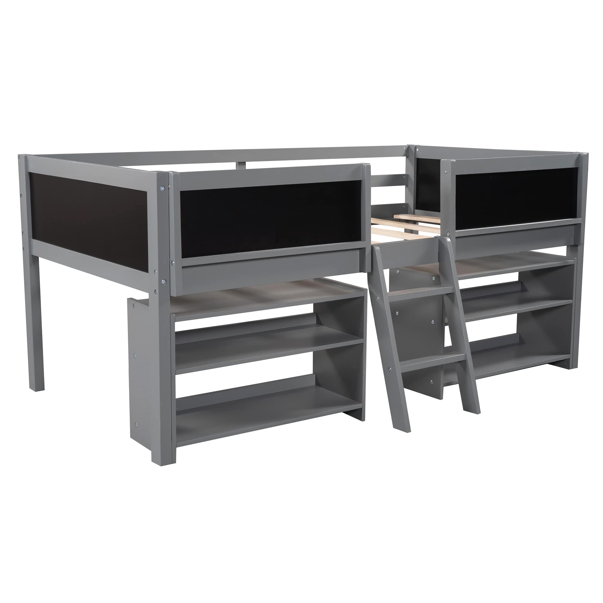 Wooden Twin Loft Bed for Kids with 2 Movable Shelves, Ladder & Chalkboard Guardrail - Space-Saving Gray Bed Frame for Boys & Girls Bedroom | Perfect for Small Rooms, Dorm Decor & Play Areas