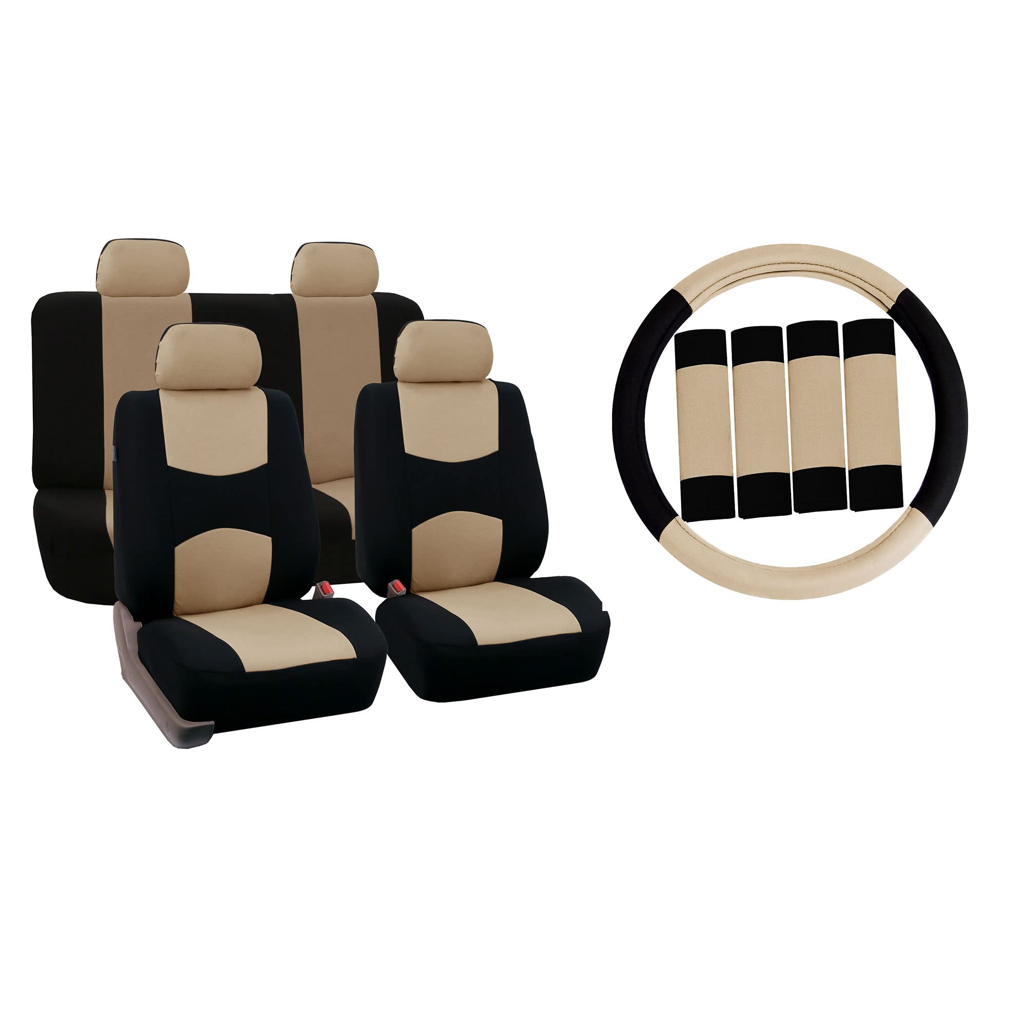 FH Group Universal Car Seat Covers Set - Beige Flat Cloth Bench & Steering Wheel Cover with Seat Belt Pads | Car Interior Accessories for Sedans, Trucks & SUVs | Perfect for Road Trips & Daily Commuting