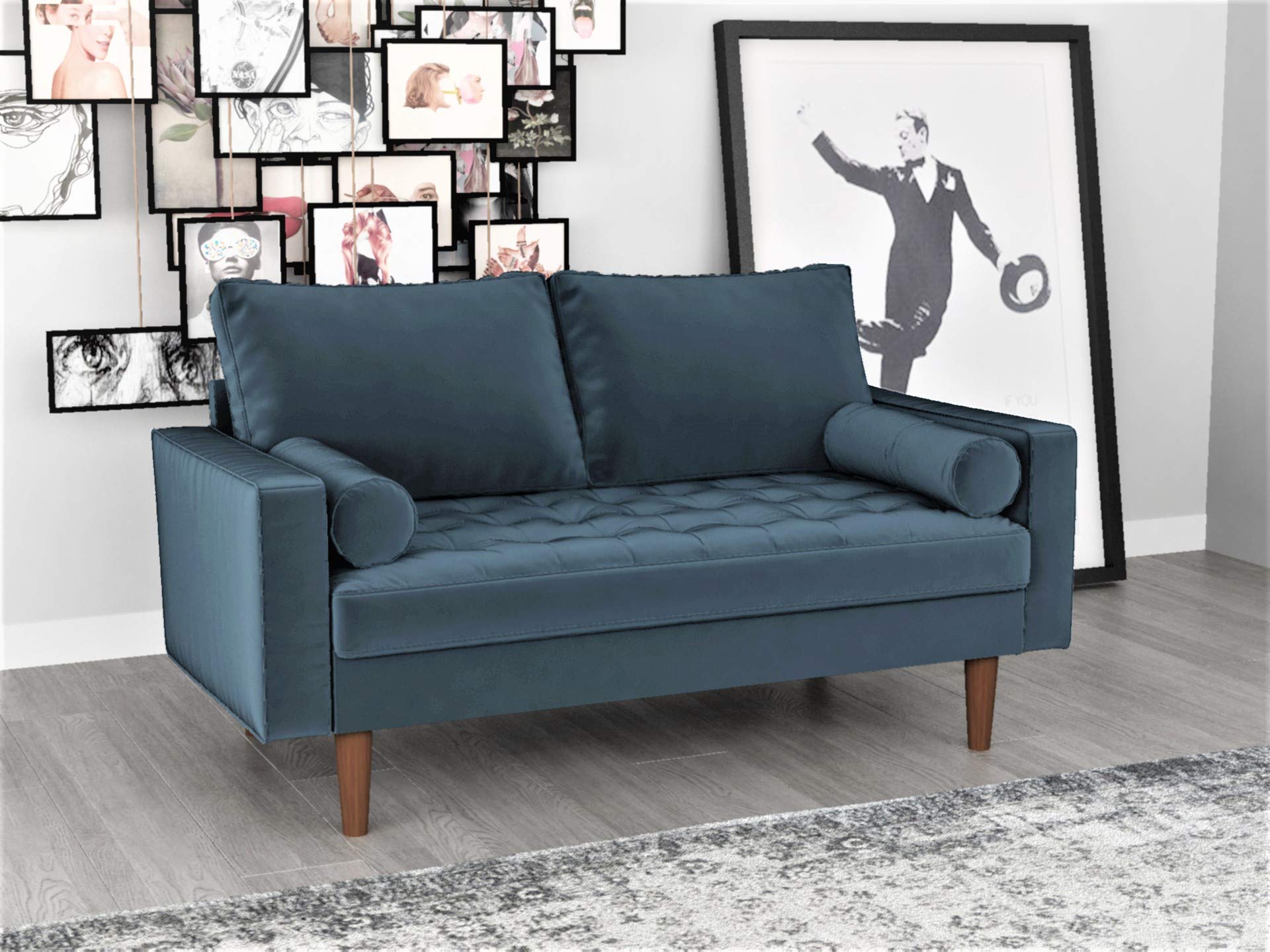 Mid Century Modern Velvet Loveseat with Tufted Seat & Bolster Pillows - Oxford Blue Upholstered Sofa for Living Room, Lounge & Home Decor