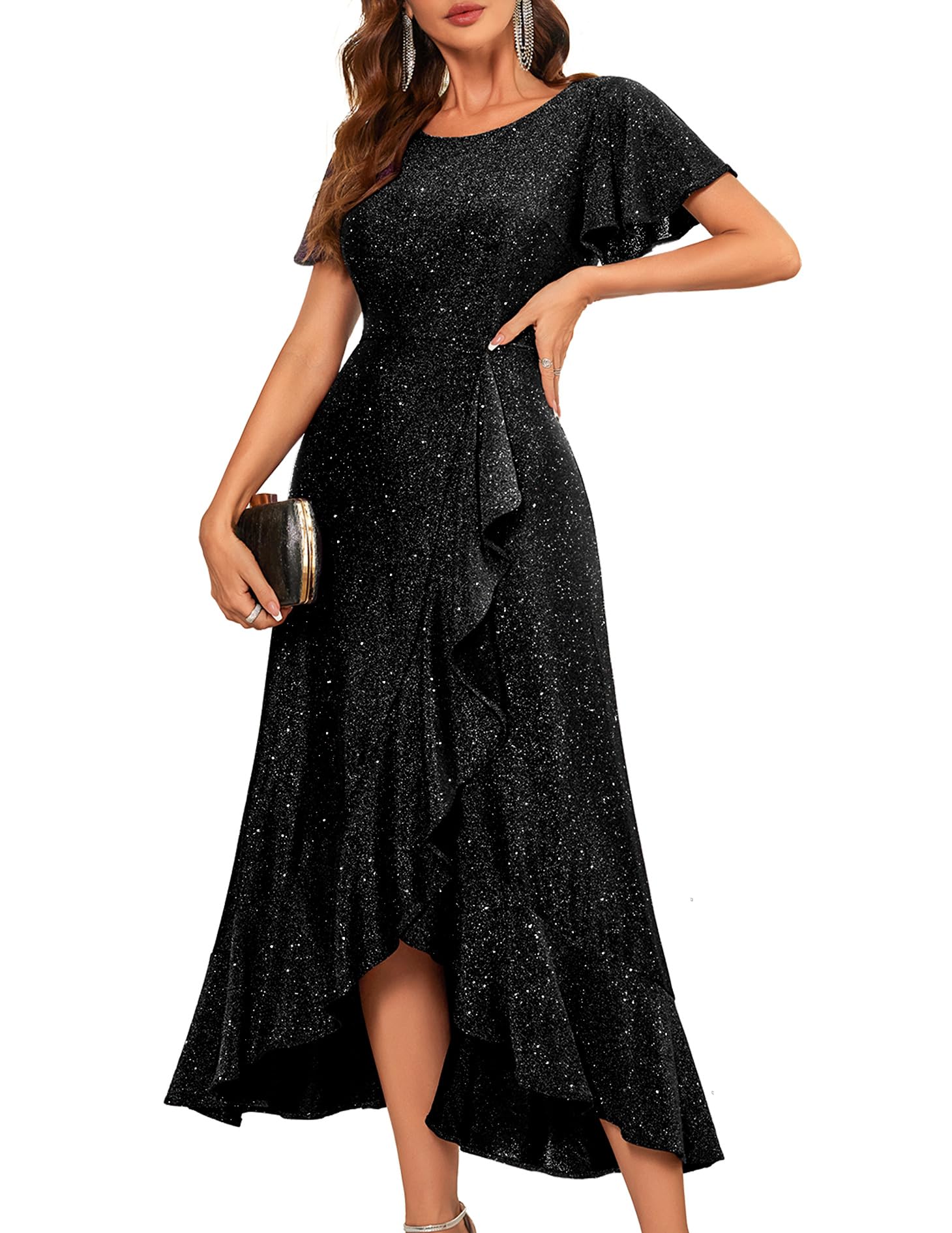 BeryLove Women's Sparkly Sequin Formal Party Dress with Flutter Short Sleeves - Elegant Wedding Guest, Cocktail, and Evening Gown for Special Occasions | Perfect for Prom, Galas, and Black Tie Events