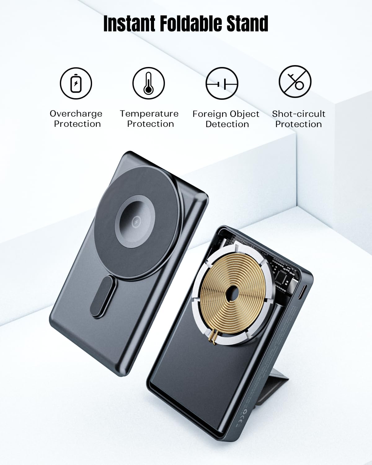 KPON 10000mAh MagSafe Power Bank - Fast Magnetic Wireless Charger with Foldable Stand | Portable Battery Pack for iPhone 16/15/14/13/12 Series & Apple Watch | Perfect for Travel, Work & Outdoor Adventures