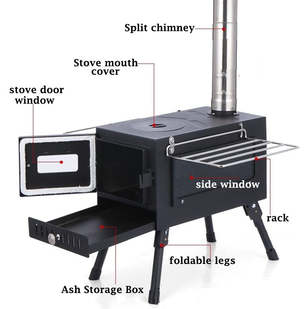 Portable Folding Wood Burning Stove with Stainless Steel Chimney - Outdoor Camping Heater for Tents, Backpacking & Survival Gear | Cold Rolled Steel Construction | Perfect for Hiking, Hunting & Emergency Heating