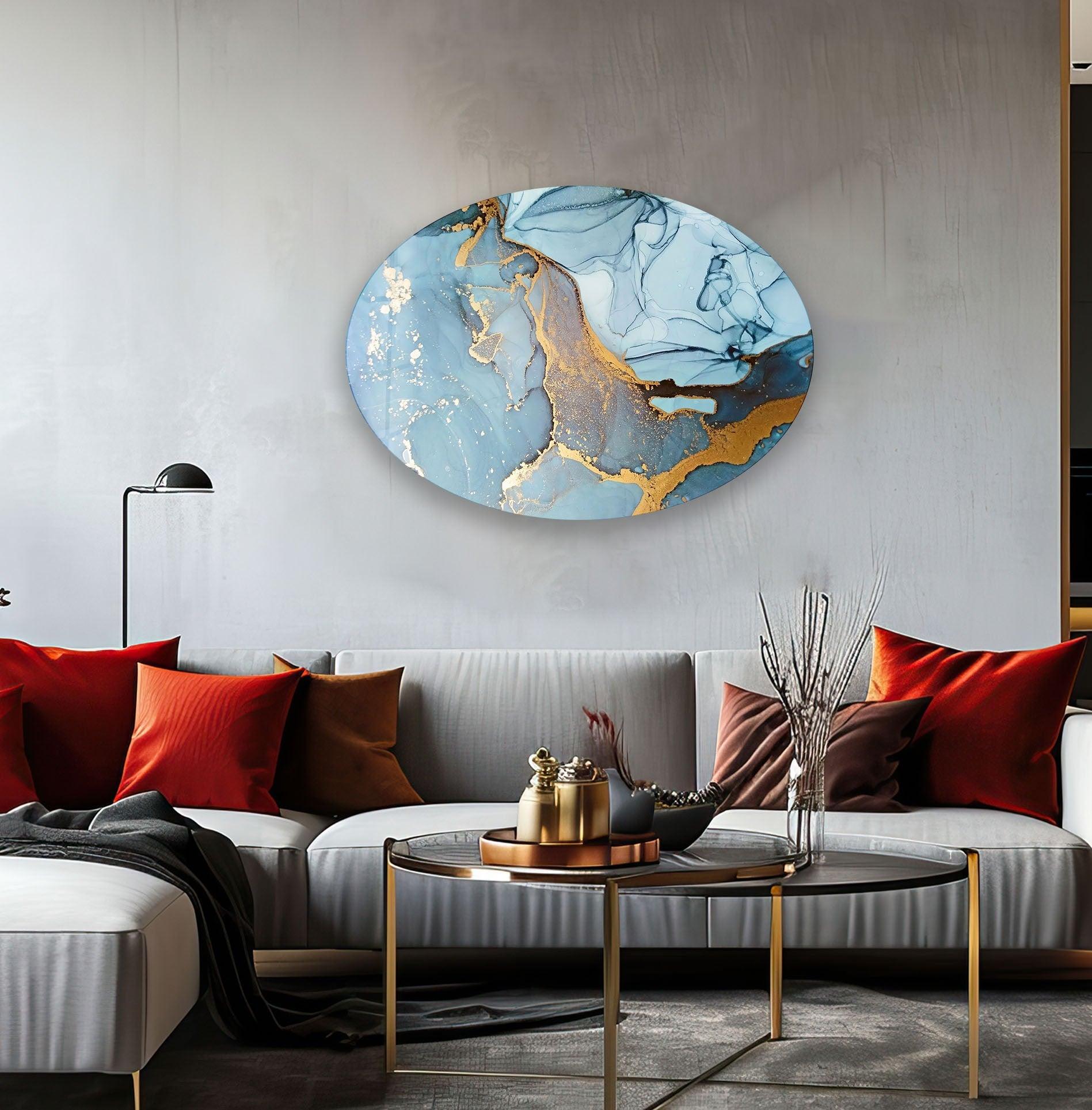 Abstract Blue Marble Glass Wall Art - Asymmetric Oval Design for Modern Home & Office Decor | Handmade Glass Artwork for Living Room, Bedroom, or Entryway