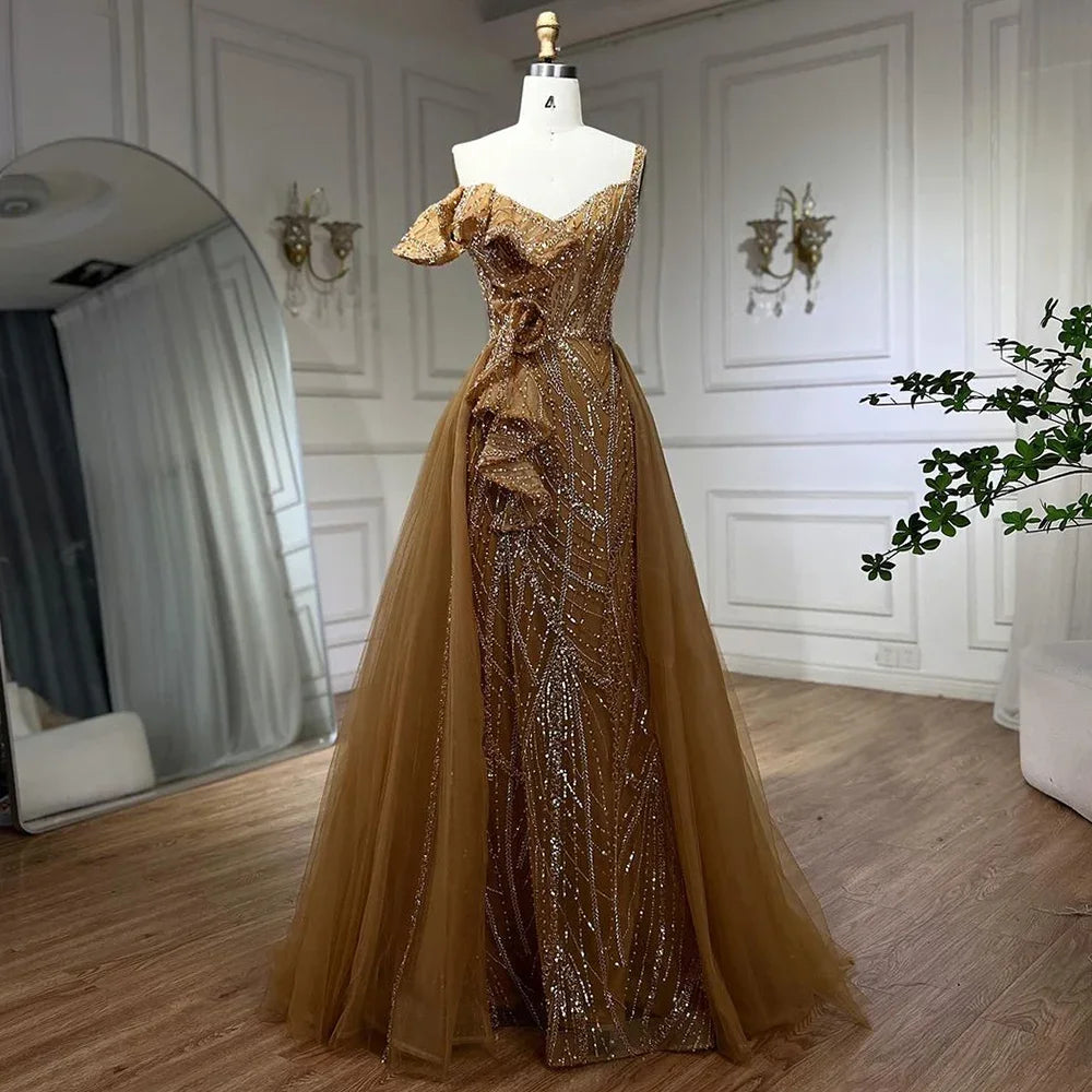 Serene Hill Golden Mermaid Evening Dress with Skirt - Women's Luxury Grey Beaded Spaghetti Strap Party Gown for Prom, Wedding & Formal Events 2025 LA72341