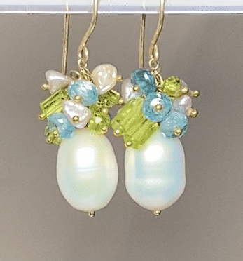 Pearl Peridot Crystal Earrings with Blue Zircon & Gray Keishi Pearls | Elegant Cluster Dangle Earrings for Women | Perfect for Weddings, Parties & Special Occasions