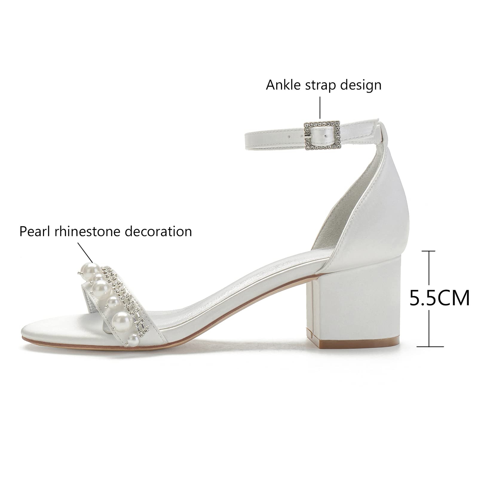 Women's Low Block Heel Sandals - Peep Toe Satin Wedding Shoes with Pearl Ankle Strap | Comfortable Summer Bridal Shoes for Weddings, Parties & Special Occasions