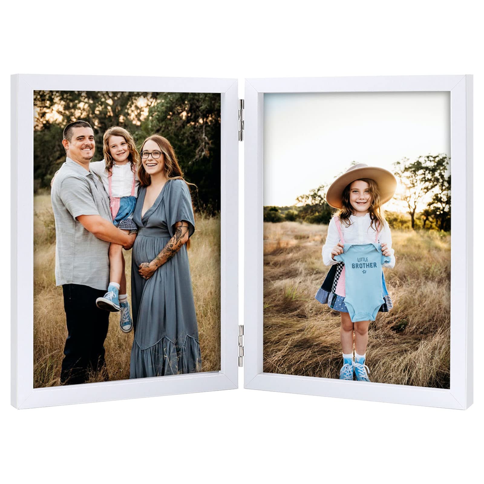 AVEAX Double 4x6 Picture Frame - Hinged Folding Photo Frame with Glass Front - Vertical Desktop Display for Family Photos, Wedding Pictures & Home Decor - White