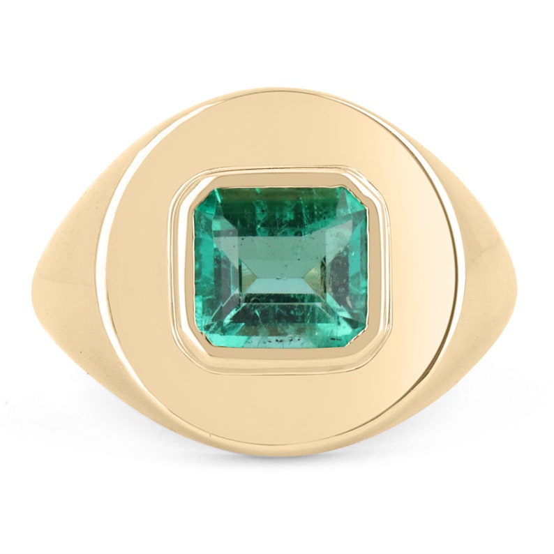 1.50 Carat 18K Gold Colombian Emerald Men's Bezel Solitaire Signet Ring - Luxury Wedding Band & Stylish Gift for Him