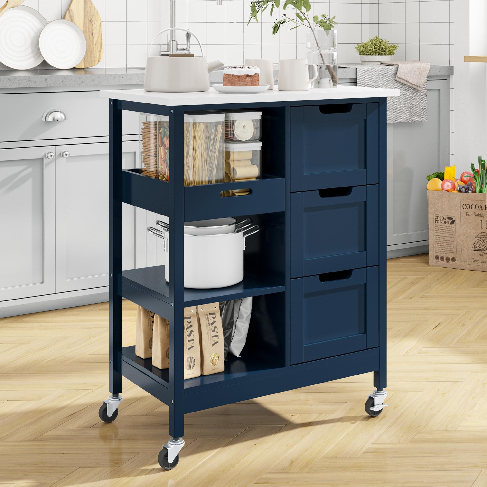 YITAHOME Small Solid Wood Top Kitchen Island Cart with Wheels & Storage - 3-Drawer Rolling Portable Utility Cart for Dining Room, Serving, and Kitchen Use - Navy Blue Mobile Movable Cabinet for Small Spaces & Entertaining