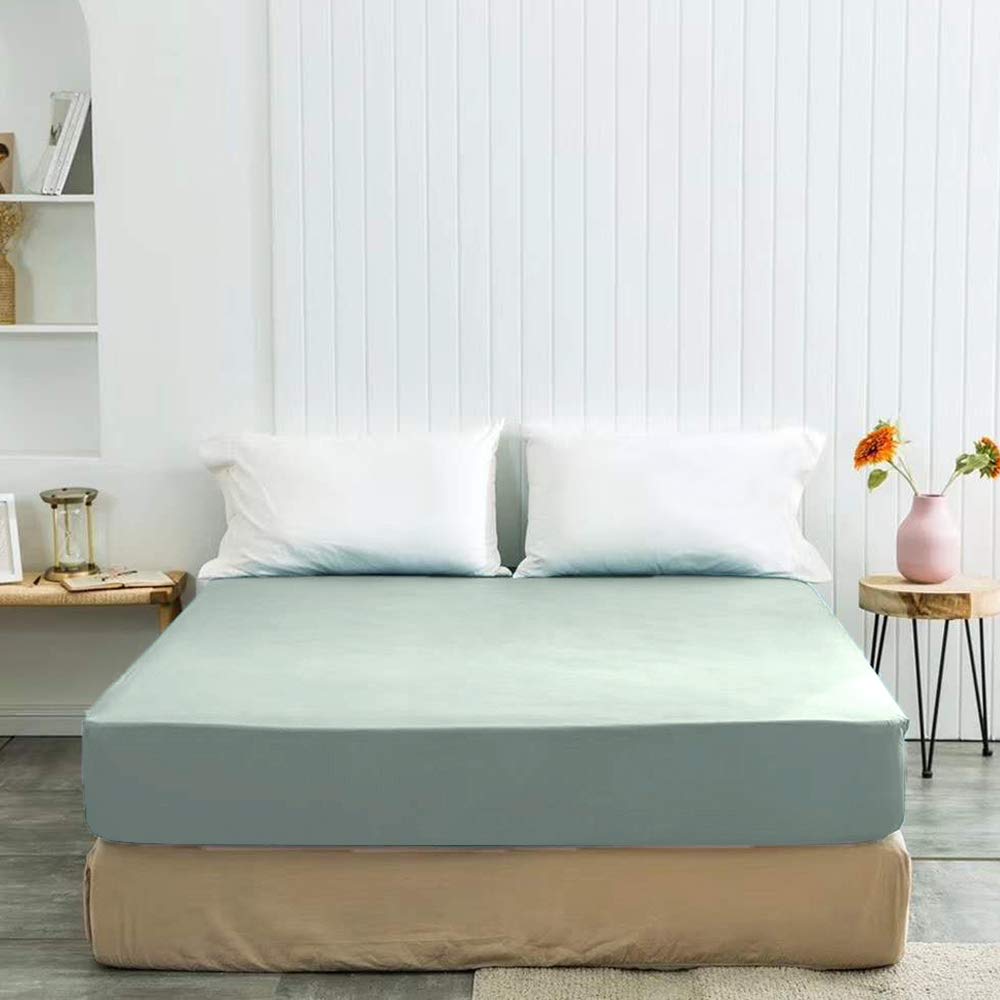 VM VOUGEMARKET 100% Washed Cotton Queen Size Fitted Sheet - Light Green Deep Pocket Bed Sheet for Mattress Protection | Soft Breathable Bedding for Hotels, Guest Rooms & Home Use