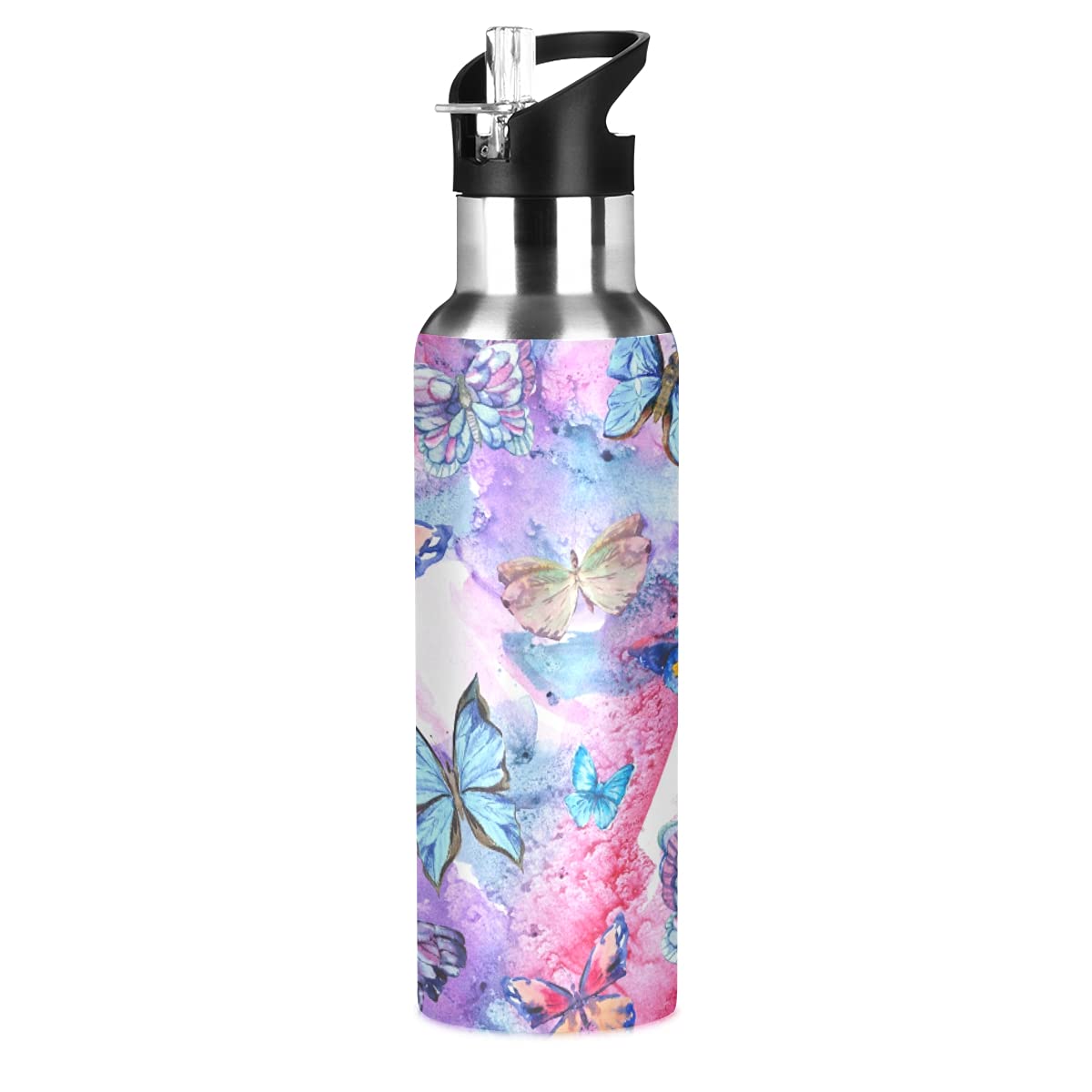 Colorful Butterfly Stainless Steel Water Bottle for Kids - 20oz Insulated Leakproof Flask with Straw Lid - Perfect for School, Gym, Outdoor Activities & Travel