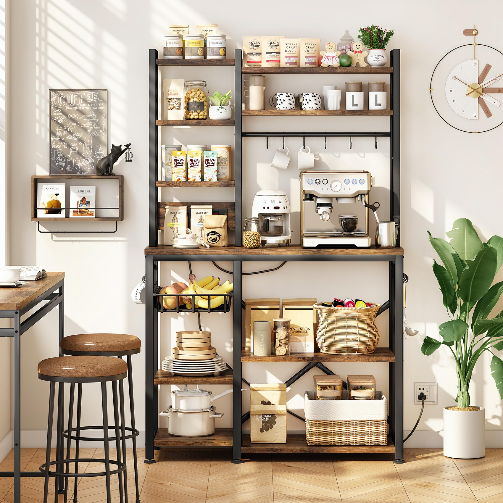 Baker Rack with Power Outlet - Microwave Stand with Storage, Large Coffee Bar Station with 14 Hooks, Metal Kitchen Shelf Organizer for Spices & Pots (Rustic Brown) | Perfect for Small Kitchens, Coffee Bars & Pantry Organization