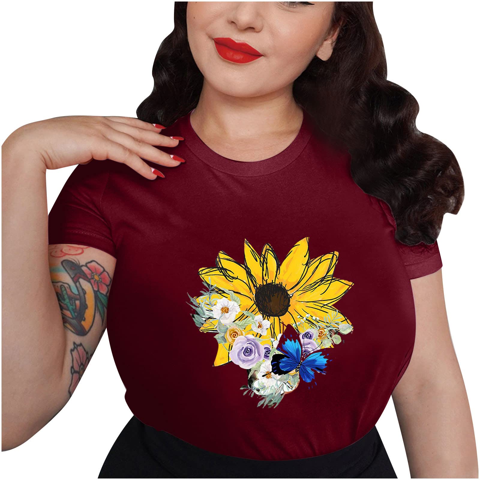 Women's Sunflower Butterfly Print Short Sleeve T-Shirt - Trendy Crewneck Casual Summer Top Blouse for Outdoor, Vacation & Daily Wear
