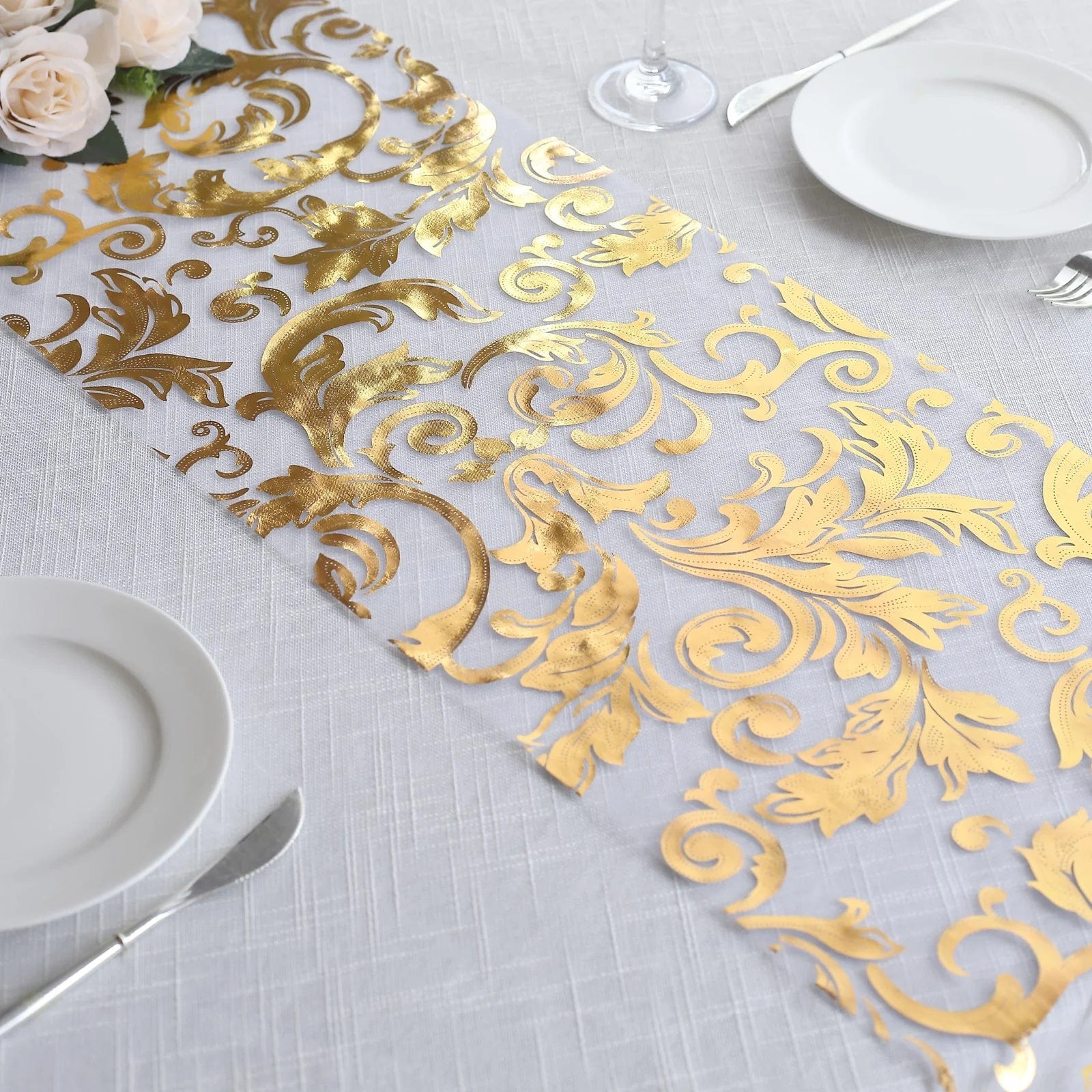 12-Pack 108-Inch Metallic Sheer Organza Table Runners with Elegant Swirl Floral Design - Perfect for Weddings, Parties, and Holiday Decorations