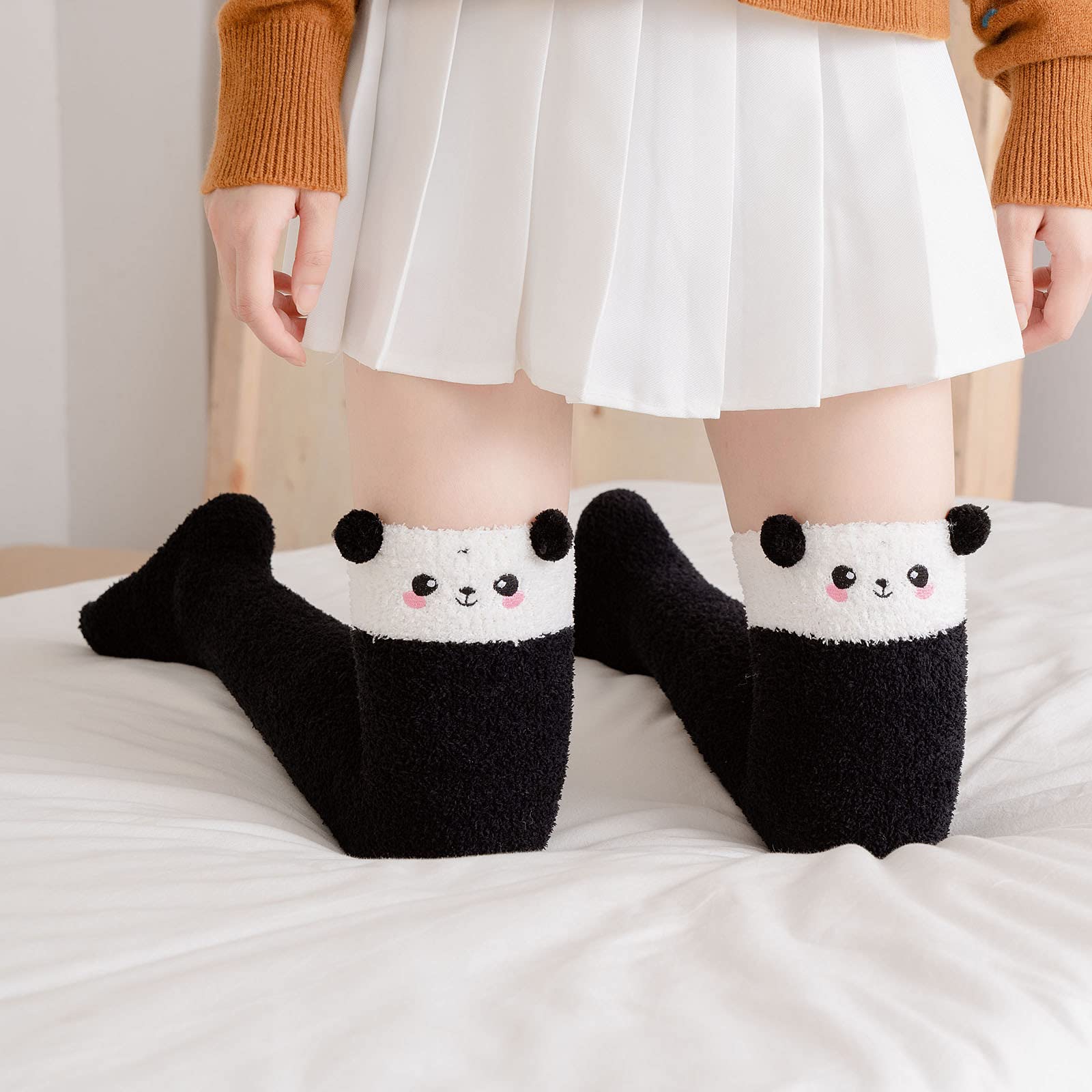 Bblulu Women's Cartoon Fuzzy Over Knee High Socks - Winter Warm Thigh High Boot Socks - Soft & Cozy Leg Warmers - Black One Size - Perfect for Cold Weather, Lounge Wear & Gift Giving