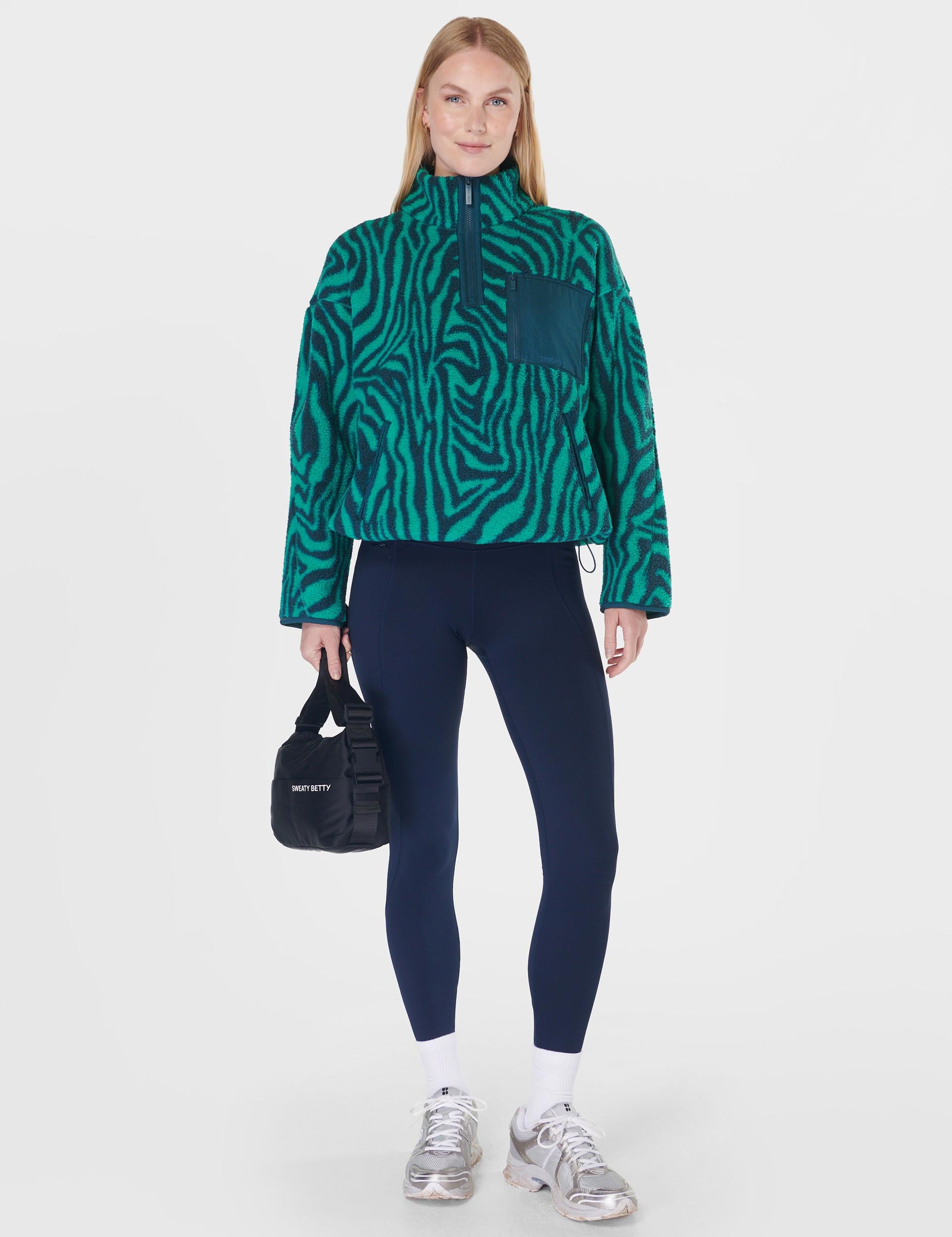 Karma Fleece Half Zip Pullover - Green Abstract Zebra Print Fleece Jacket for Men & Women | Cozy Outdoor Hiking & Casual Winter Wear
