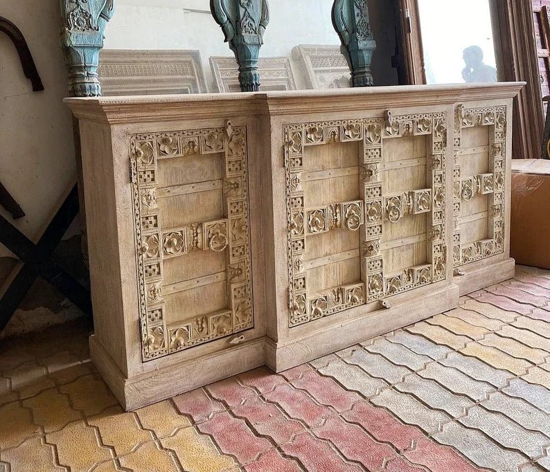 Hand Carved Solid Wood Entryway Sideboard Cabinet with 4 Doors - Rustic Storage Console Table for Hallway, Living Room & Dining Room Organization