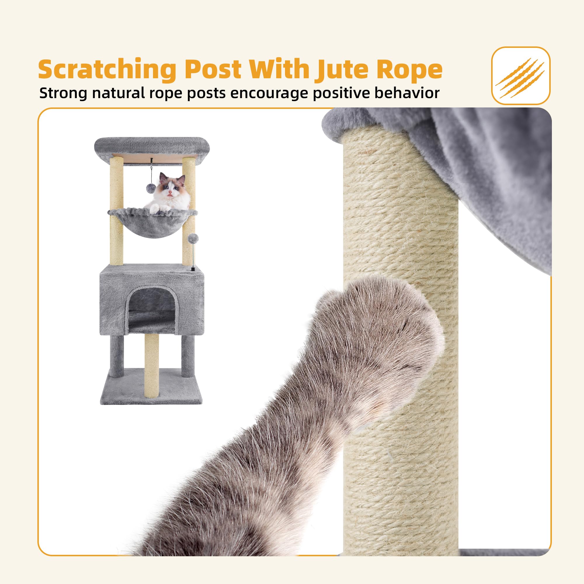 Premium Multi-Level Cat Tree for Indoor Cats - Sturdy Cat Tower with Spacious Condo, Cozy Hammock & Scratching Posts - Space-Saving Grey Climbing Activity Center for Kittens & Adult Cats - Perfect for Apartments, Living Rooms & Pet Play Areas