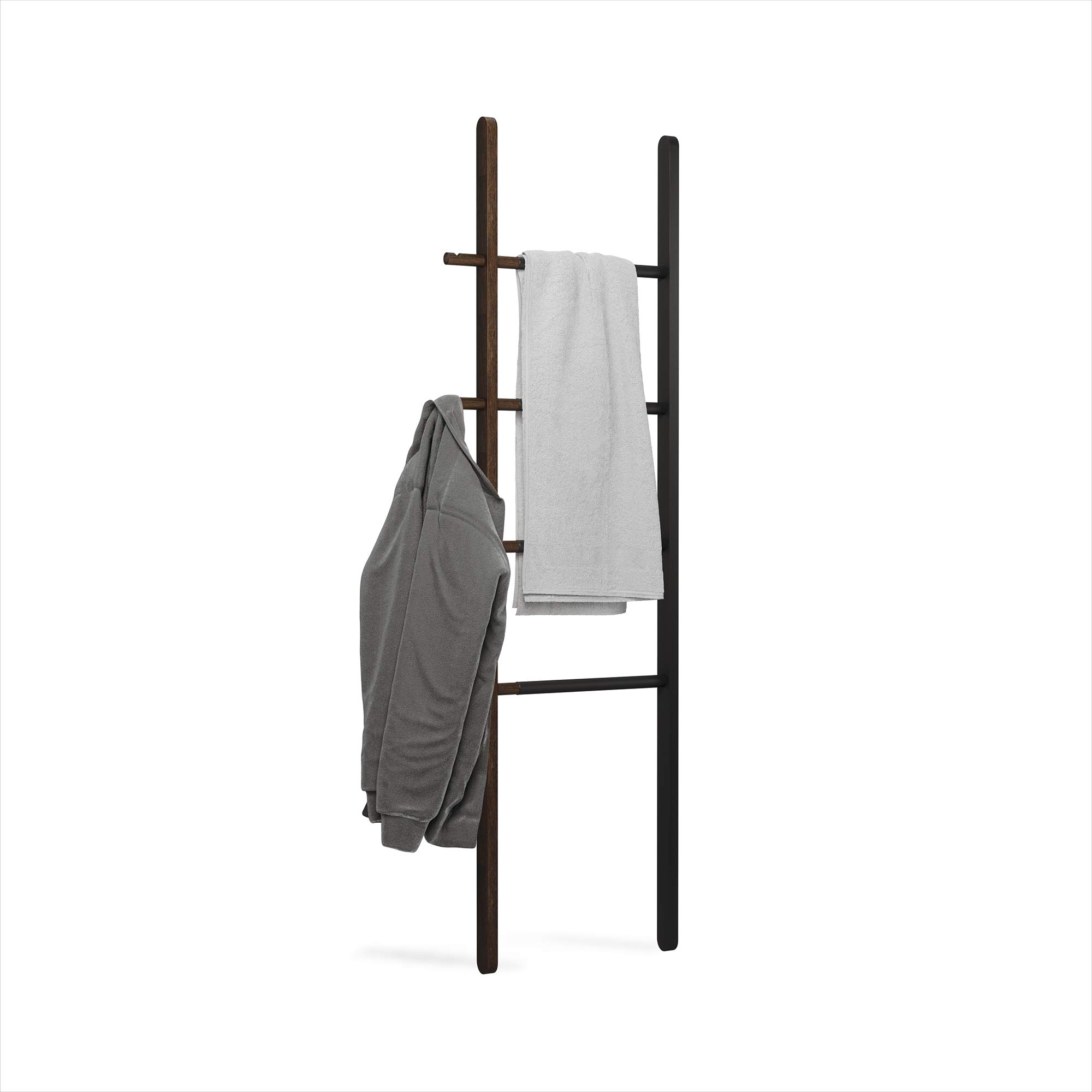 Umbra Hub Ladder - Expandable Freestanding Clothing Rack, Bathroom Towel Holder & Clothes Organizer in Black/Walnut - Perfect for Bedroom, Laundry Room & Small Space Organization