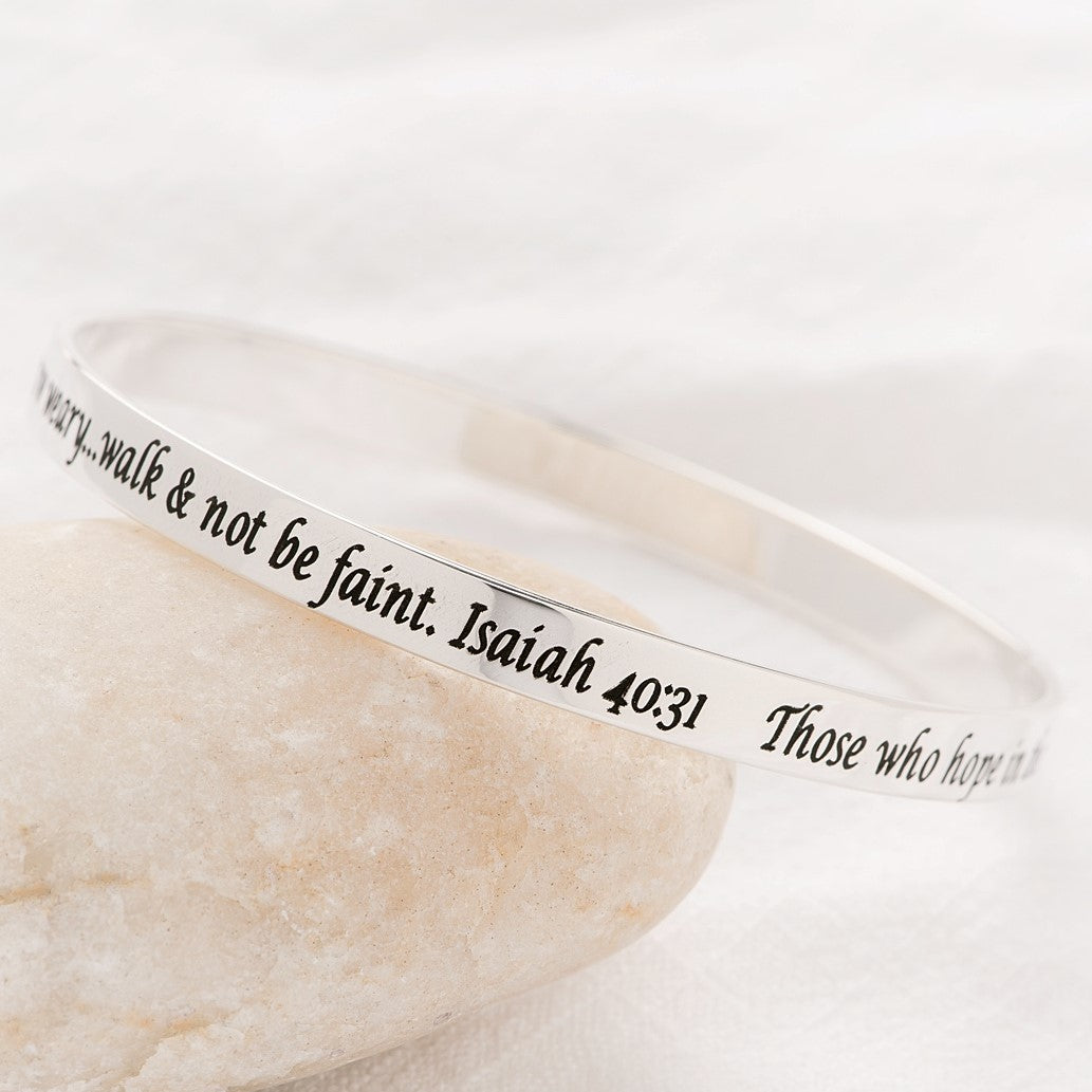 Isaiah 40:31 Sterling Silver Bangle Bracelet - Wings Like Eagles Bible Verse Jewelry for Women | Religious Gift, Christian Faith Accessory, Church Wear
