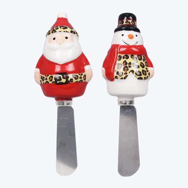 Young's Inc Christmas Snowman & Santa Leopard Cheese Knives Set of 2 - Ceramic Cheese Spreaders for Holiday Entertaining, Cheese Boards, Jam & Peanut Butter - Stainless Steel Handles - Perfect for Christmas Gifts & Party Serving