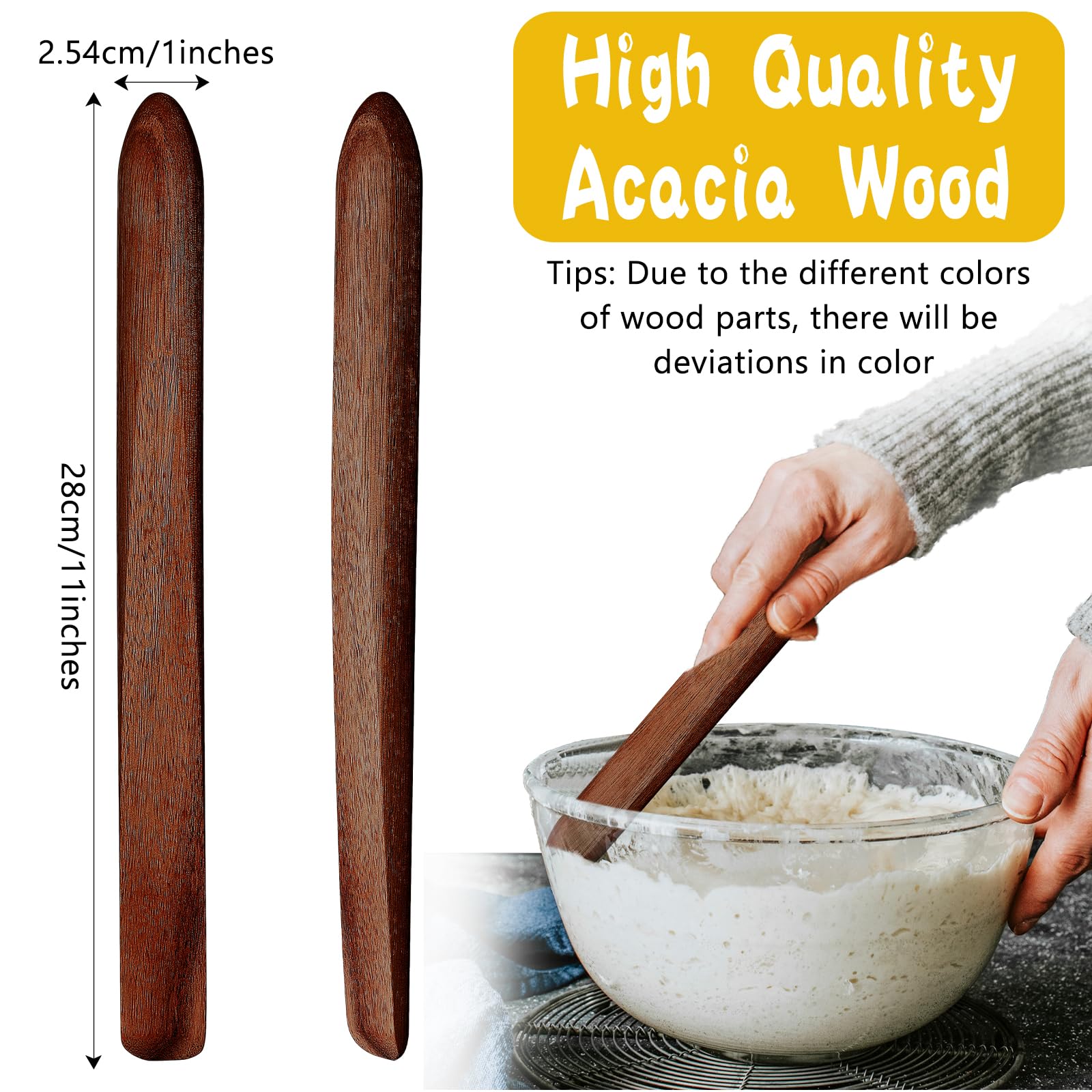 Hillban 2-Piece 11-Inch Acacia Wood Sourdough Bread Mixing Stick Set - Wooden Spurtle & Paddle for Baking, Cooking, and Kitchen Use - Perfect for Bread Making, Dough Mixing, and Stirring Sauces