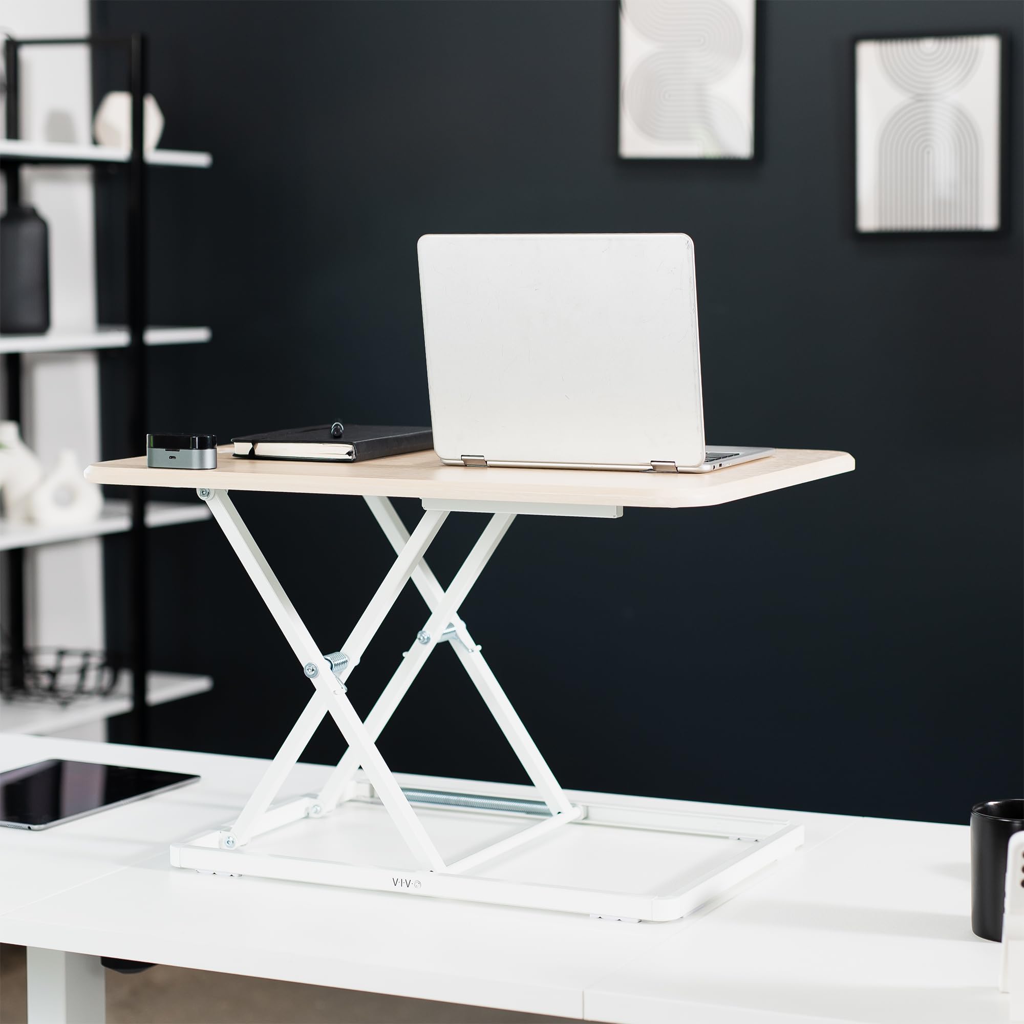 VIVO Ultra-Slim Single Monitor Stand Up Desk Riser - Height Adjustable Sit to Stand Workstation for Laptop & Computer - Light Wood Finish (DESK-V001JF) - Perfect for Home Office, Workspace & Ergonomic Setup