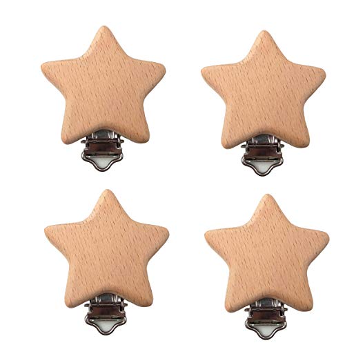 Natural Wooden Pacifier Clips - Handmade Beech Wood Animal Charms with Antique Chain for Baby Accessories | DIY Beading, Safe & Non-Toxic for Infants | Perfect for Nursery, Photoshoots & Daily Outings (Star Design)