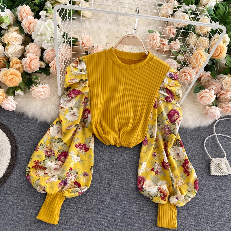Floral Print Balloon Sleeve Round Neck Blouse - Women's Boho Chic Tops for Casual Wear, Date Night & Summer Outfits