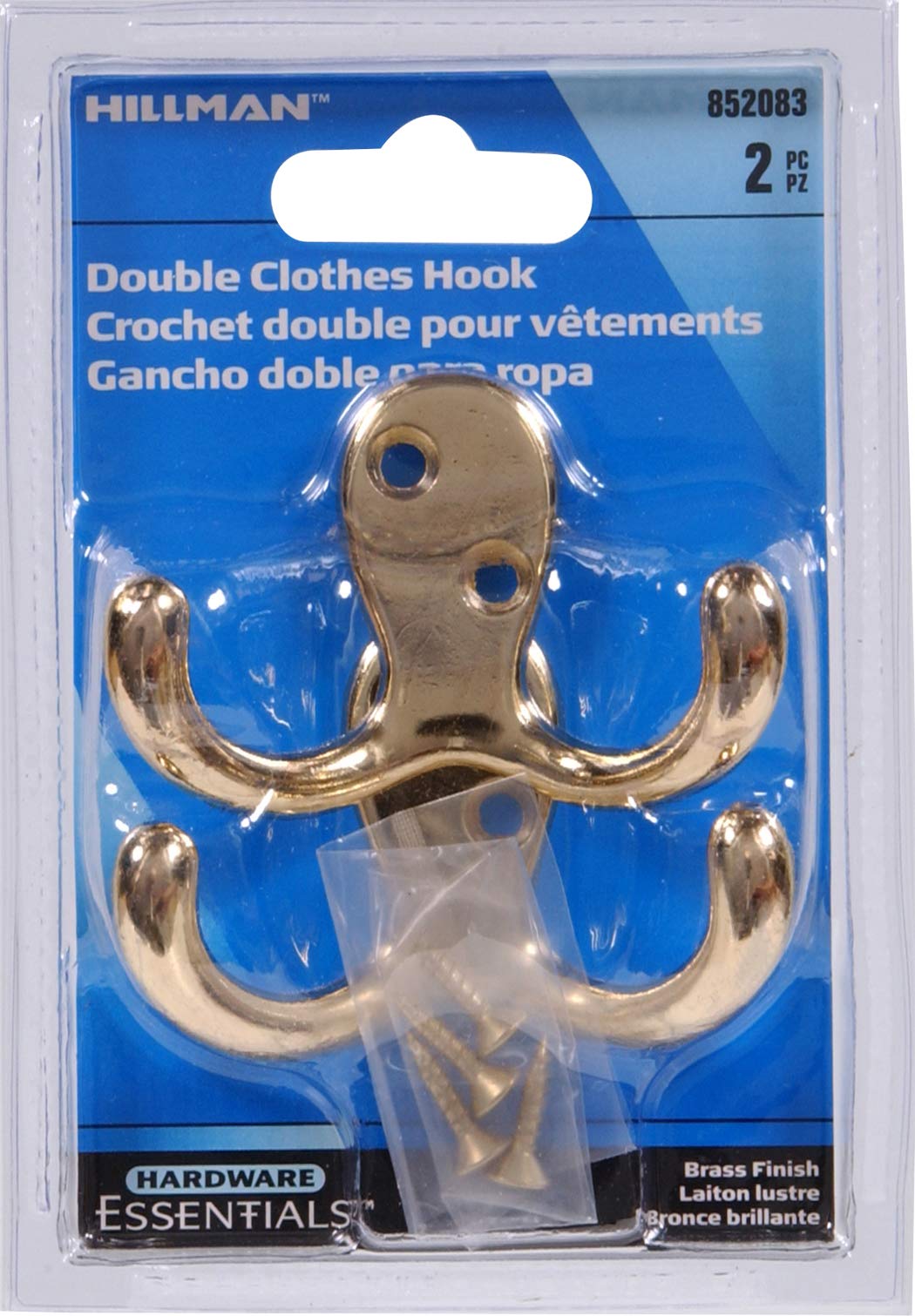 Hillman 852083 Double Clothes Hooks 2-Pack - Solid Brass Wall Mounted Hooks for Bathroom, Bedroom & Entryway Organization