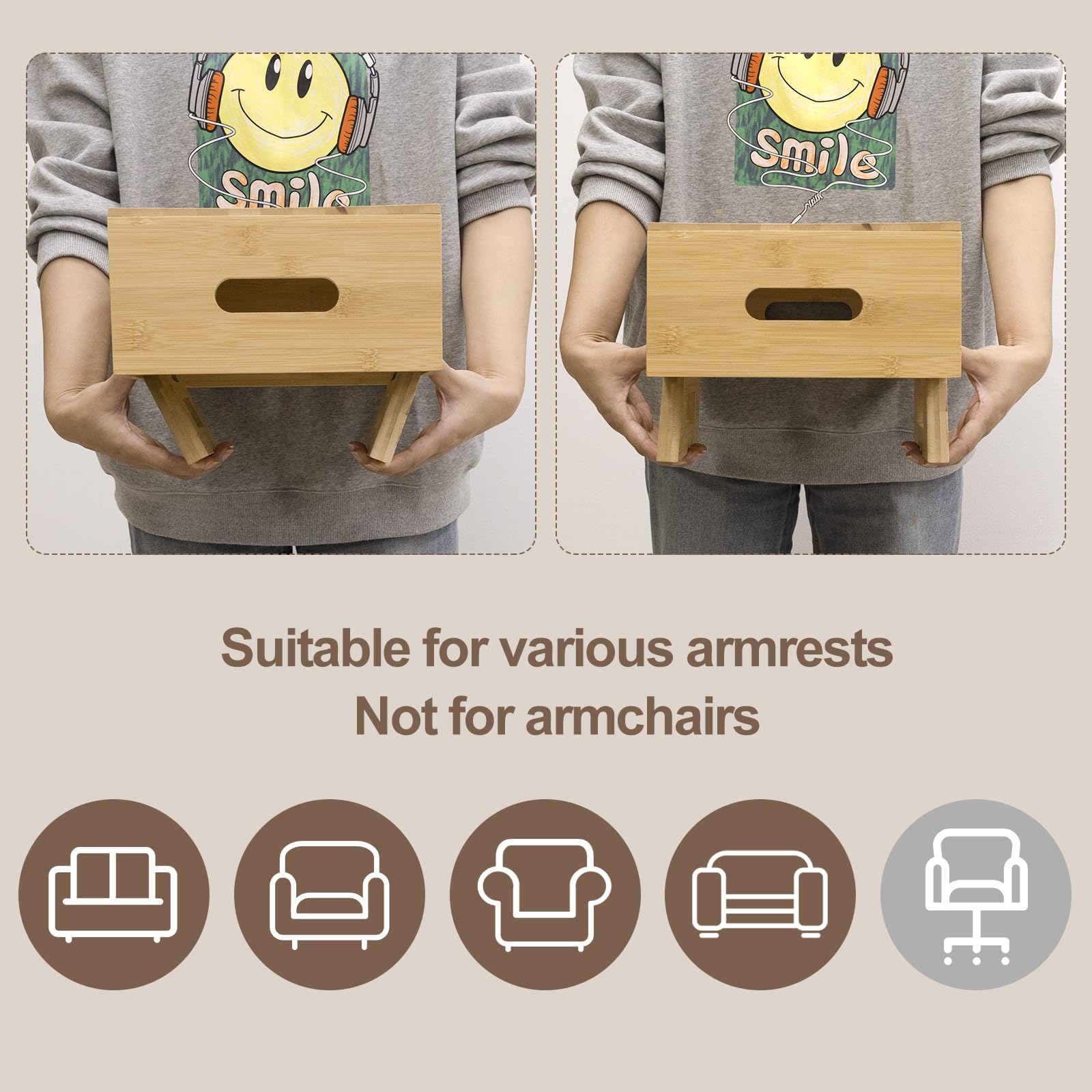 Bamboo Couch Cup Holder Tray with Removable Lid & Non-Slip Pad - Sofa Armrest Snack Table for Drinks, Food, Remote Control - Perfect for Movie Nights, Gaming & Relaxing on the Couch