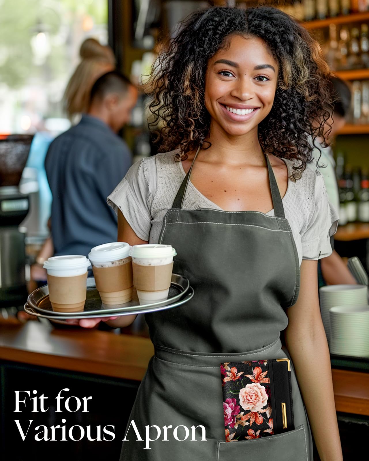 Slohif Leather Server Book for Waitress - Cute Zippered Serving Book with Pocket, Restaurant Waiter Check Organizer & Ticket Holder (Floral Rose Design) - Perfect for Hostess, Food Service, and Hospitality Industry