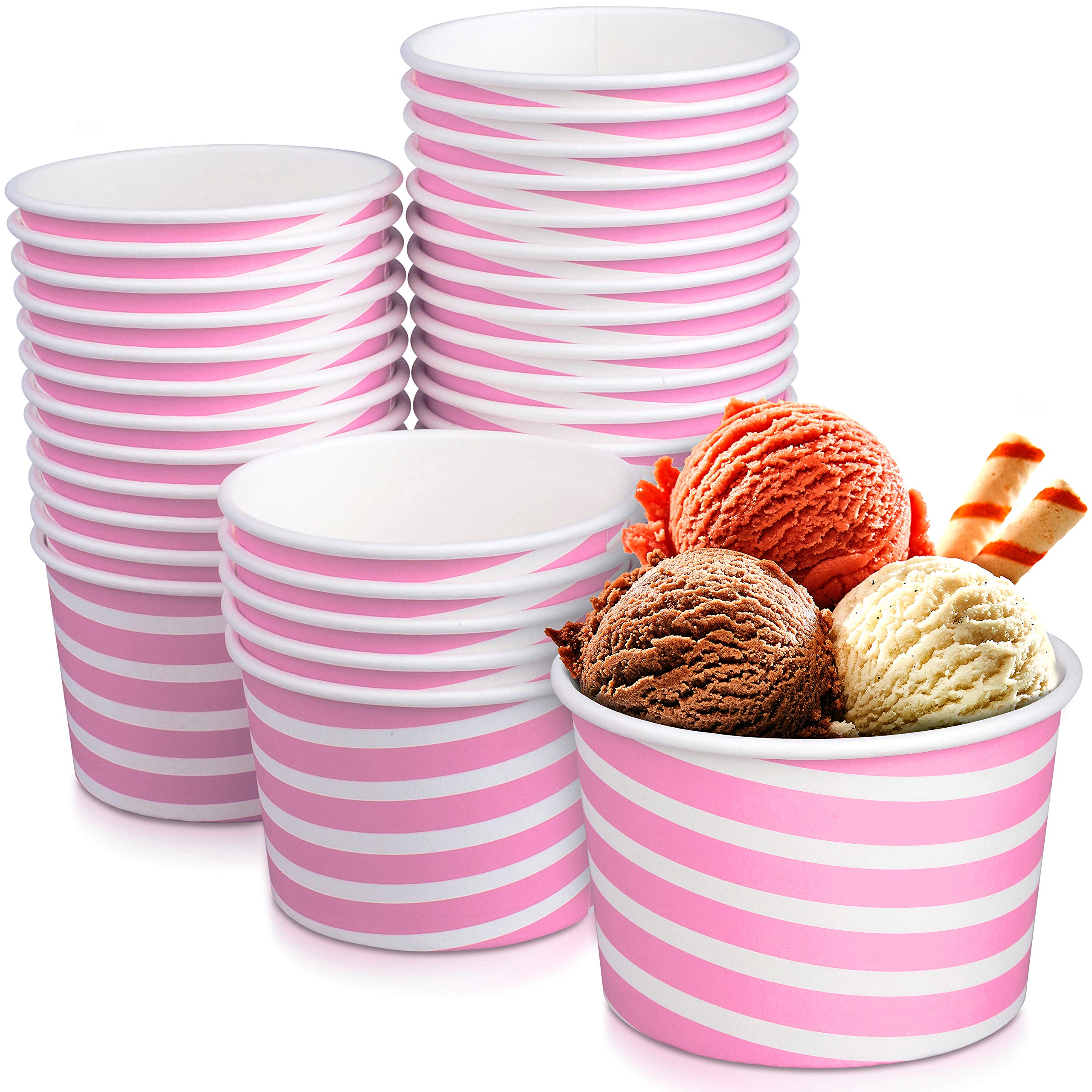 Premium 5.5 oz Disposable Paper Ice Cream Cups - 50 Pack, Hot & Cold Dessert Bowls with Pink Stripes - Perfect for Ice Cream Parlors, Parties, and Home Dessert Serving