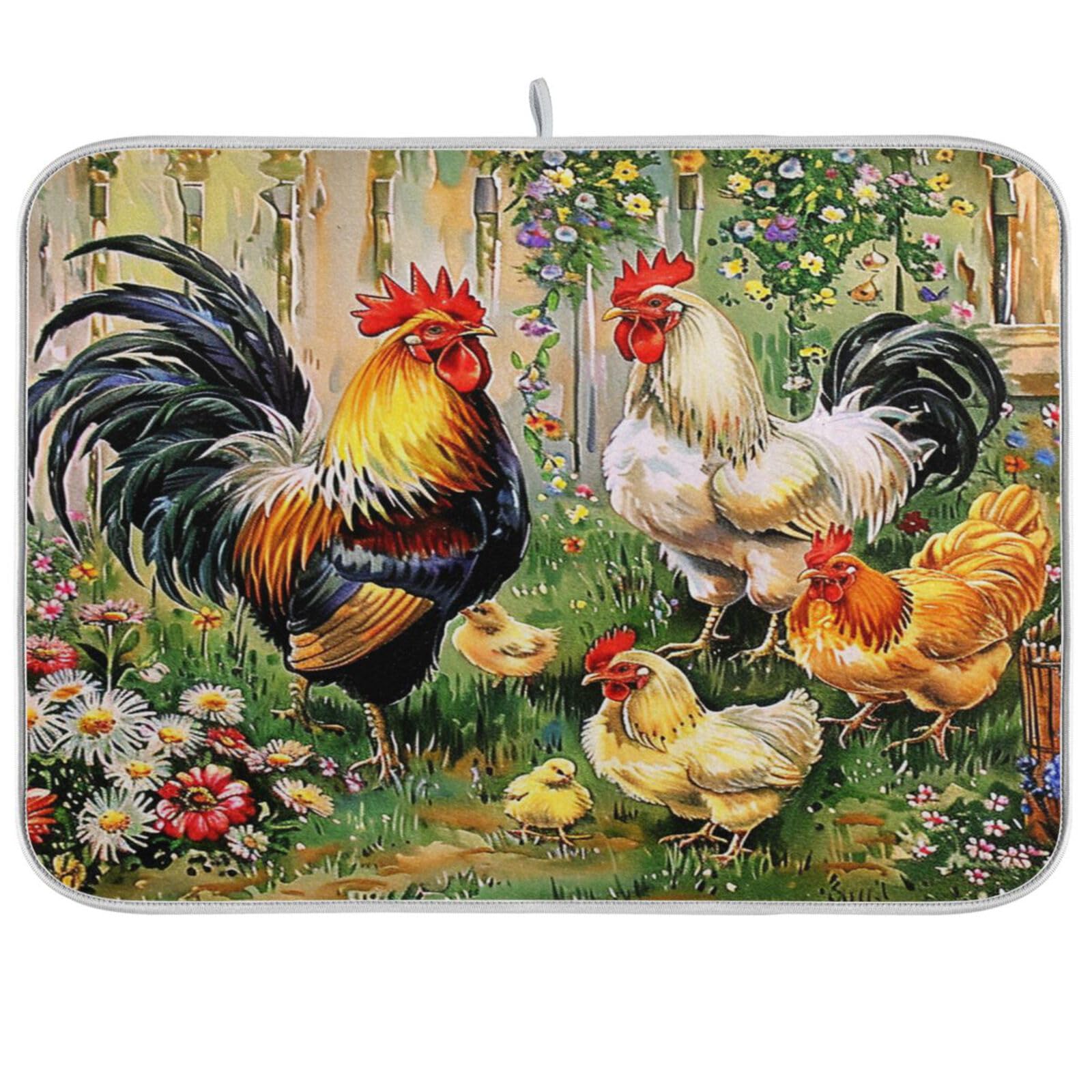 Rooster Floral Dish Drying Mat 18x24 Inch - Farmhouse Chicken Design Absorbent Microfiber Kitchen Counter Protector - Perfect for Drying Dishes, Protecting Countertops & Farmhouse Decor