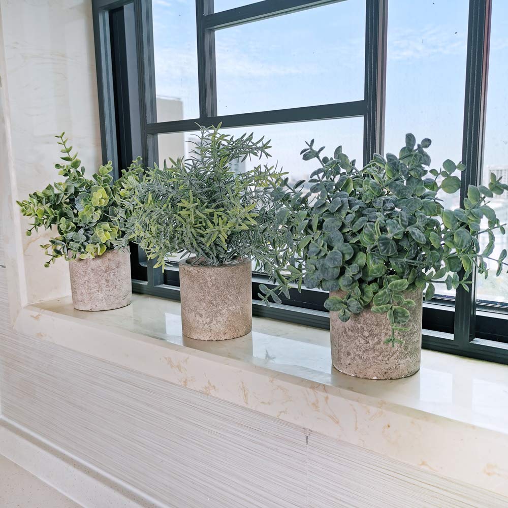 Winlyn Set of 3 Mini Artificial Eucalyptus Plants - Fake Plastic Greenery for Home Office Desk Decor, Bathroom & Shower Room Decorations - Perfect for Farmhouse, Wedding Centerpieces and Shelf Styling