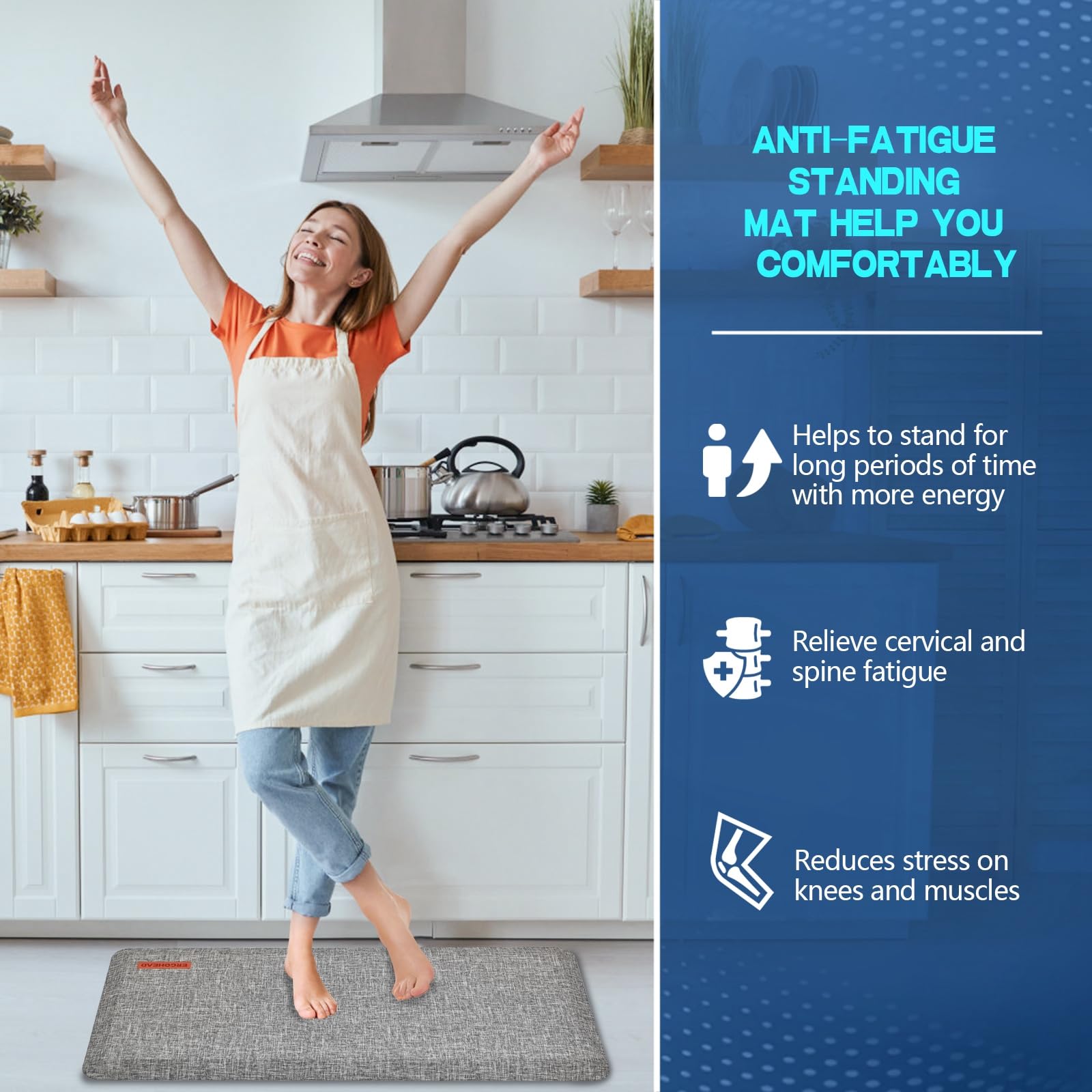 Anti-Slip 3/4 Inch Thick Anti-Fatigue Kitchen Floor Mat - Ergonomic Comfort Standing Mat for Home, Office & Garage - Waterproof Kitchen Runner (24x70 Inches, Light Gray) | Perfect for Cooking, Dishwashing & Long Standing Work