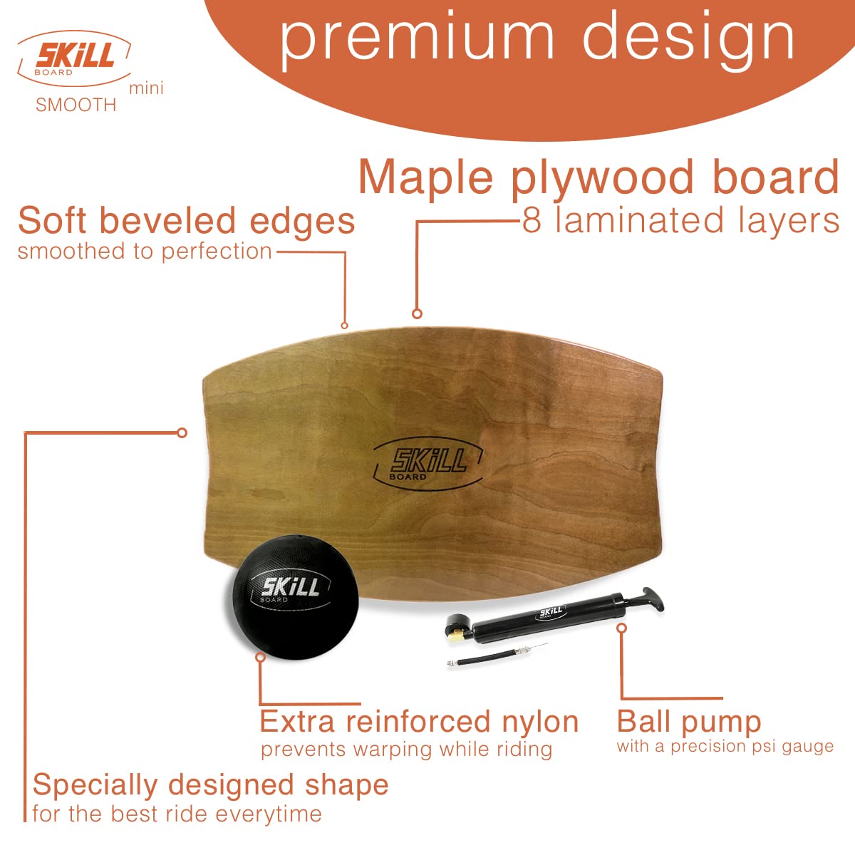 The Skill Board - Premium Wooden Balance Board for Adults & Teens - Wobble Board Trainer for Fitness, Yoga, Surfing, Skate Training - Perfect for Home Gym, Office Standing Desk, Outdoor Games - Includes Exercise Ball, Pump & Non-Slip Grip Tape