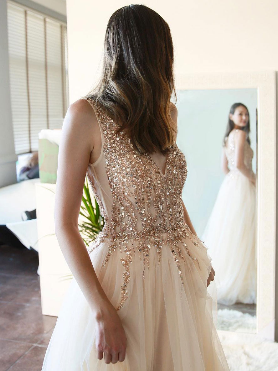 Elegant Champagne V-Neck Tulle Beaded Long Prom Dress - Formal Evening Gown for Homecoming, Wedding, and Special Occasions