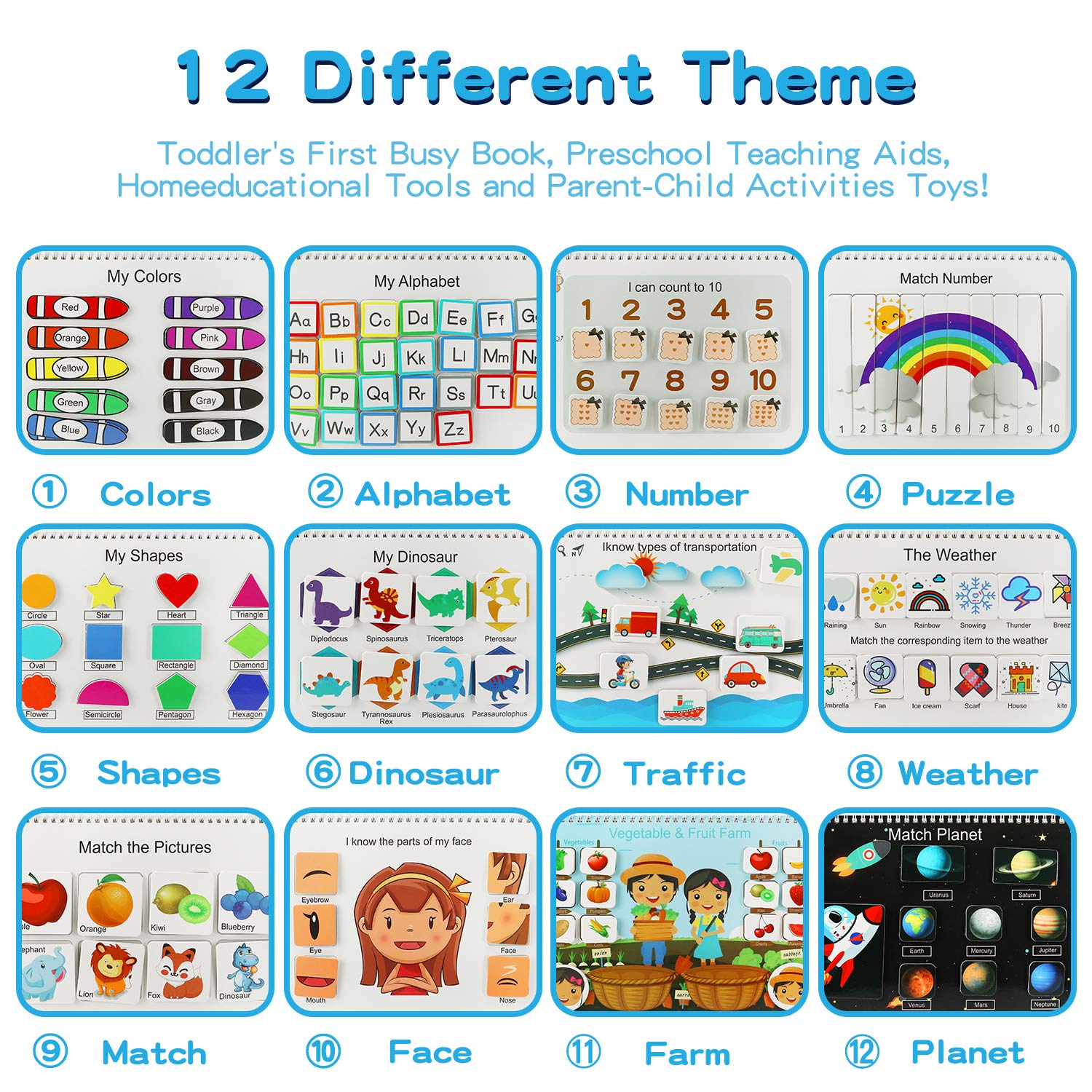 Montessori Busy Book for Toddlers - 12 Pages Preschool Learning Activity Binder with Sensory Toys for Autism, Fine Motor Skills Development - Educational Toys for Boys & Girls | Perfect for Travel, Classroom & Home Learning