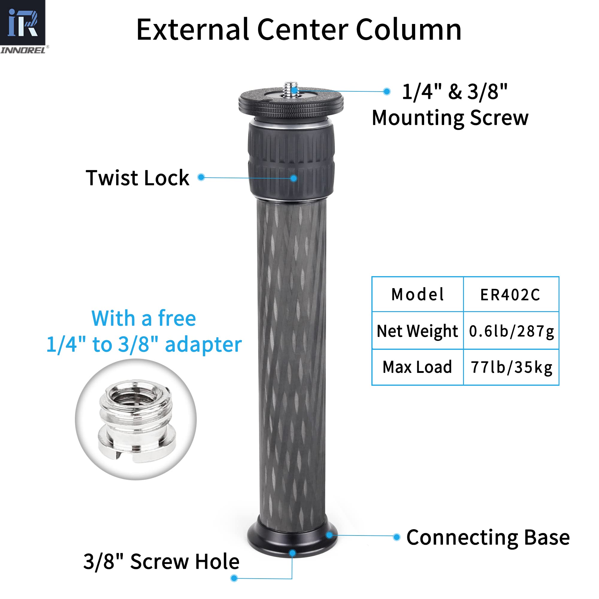 INNOREL ER402C 10-Layer Carbon Fiber Tripod Center Column Extension Pole - 2-Section Mid-Column Extender for DSLR Camera & Monopod (40mm Large Tube) - Perfect for Outdoor Photography, Studio Shoots & Travel Videography