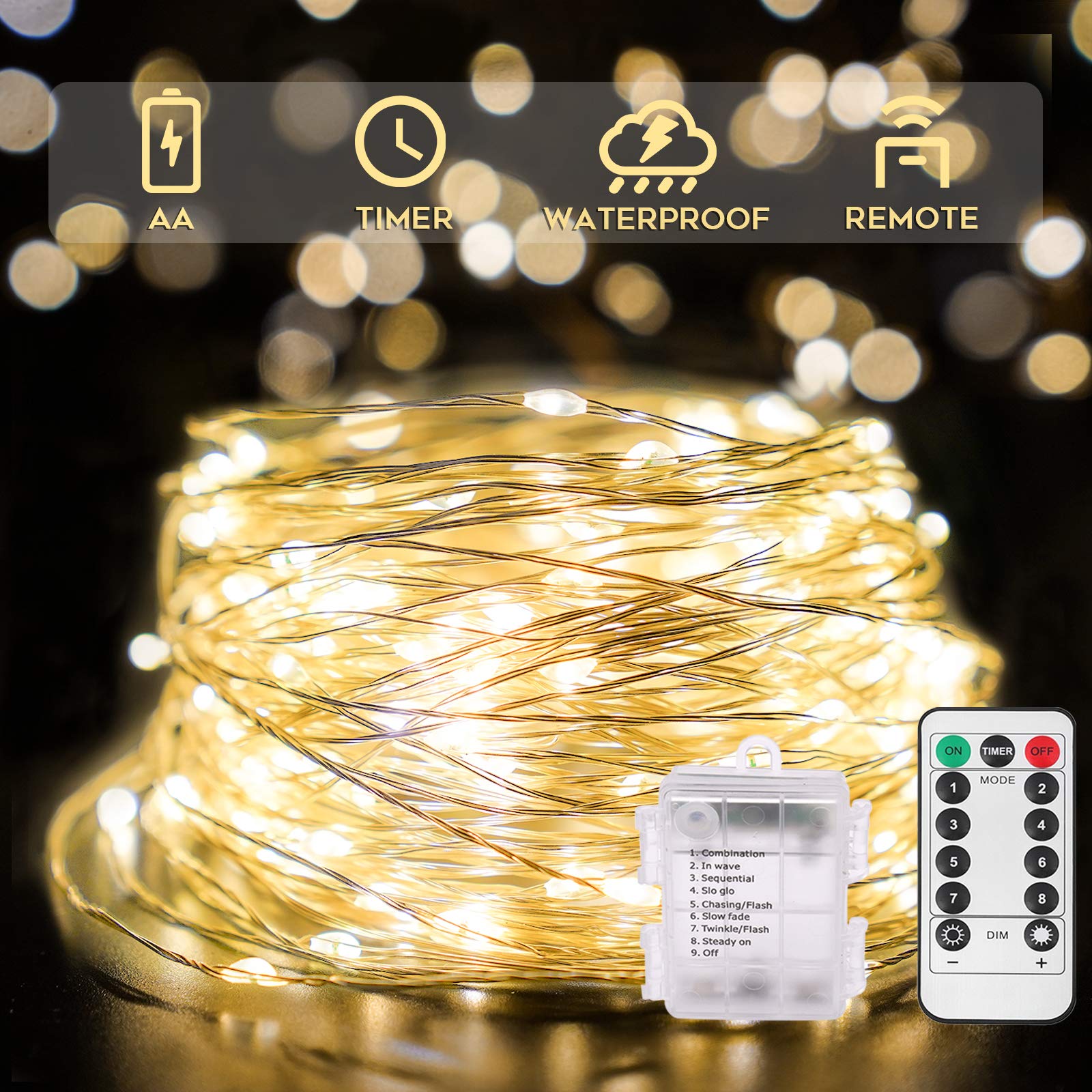 SUDDUS 33ft 100 LED Outdoor String Lights - Warm White Battery Operated Fairy Lights with Remote Control | Waterproof Twinkle Lights for Bedroom, Garden, Wedding Decor, Christmas Tree & Mason Jars | Perfect for Patio, Backyard & Wall Decor