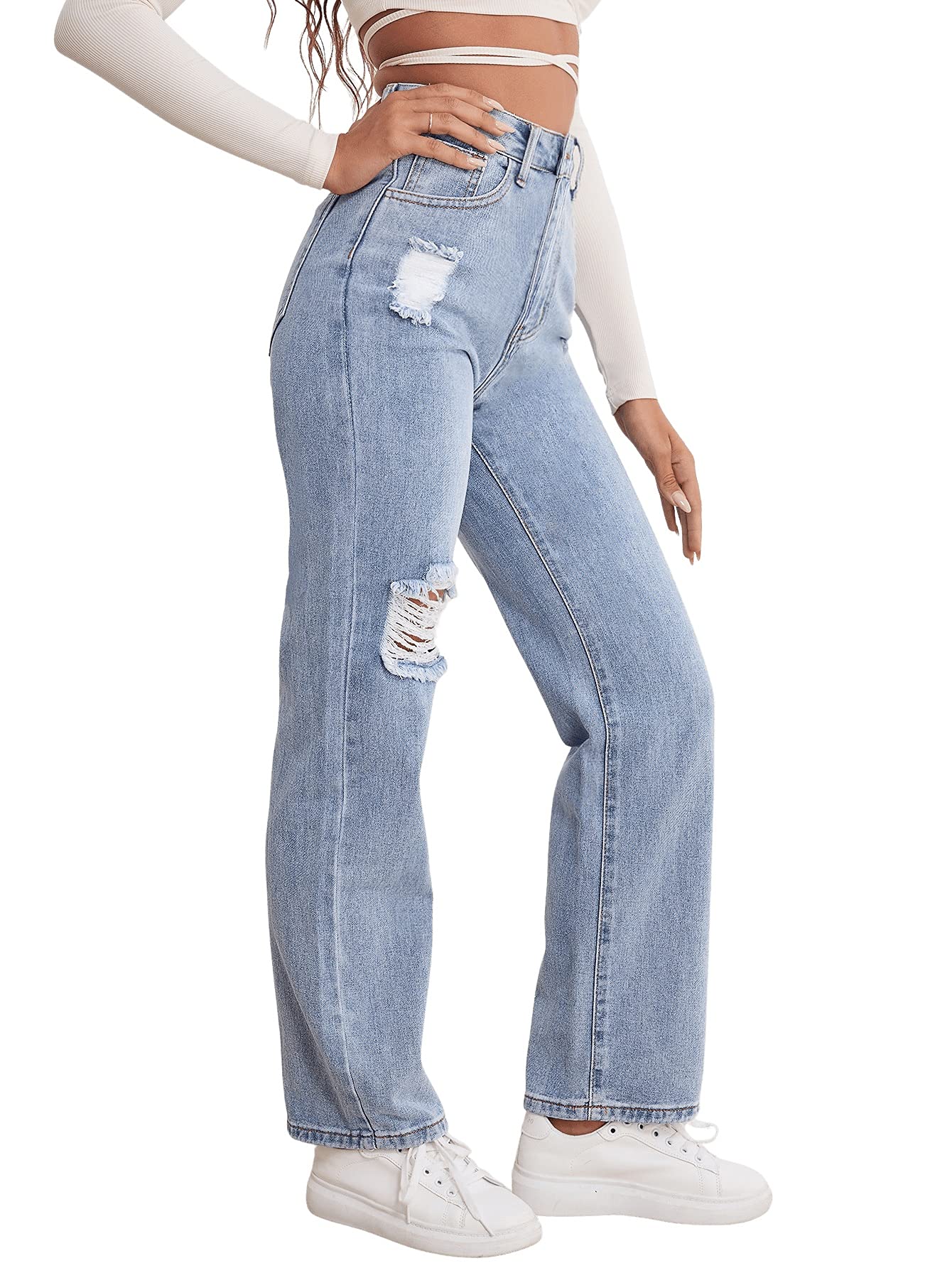 SweatyRocks Women's High Waist Straight Leg Jeans - Ripped Distressed Denim Pants for Casual Wear, Street Style & Everyday Outfits