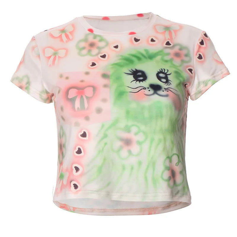 Y2K Baby Tee for Girls - Green Short Sleeve Graphic Crop Top | Cute Coquette Summer T-Shirt 2024 | Perfect for Casual Outfits, Streetwear & TikTok Fashion